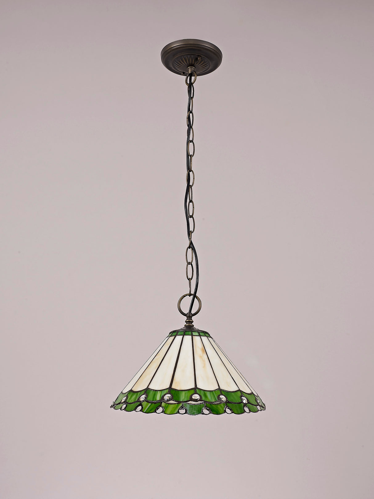 Williams 1 Light Downlighter Pendant E27 With 30cm Tiffany Shade, Green/Cream/Crystal/Aged Antique Brass