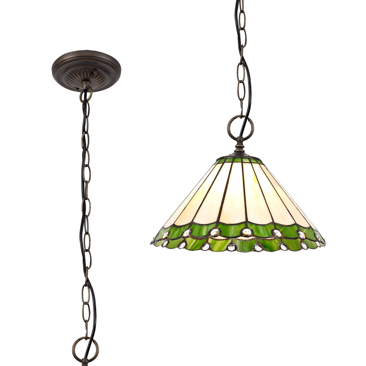 Williams 1 Light Downlighter Pendant E27 With 30cm Tiffany Shade, Green/Cream/Crystal/Aged Antique Brass