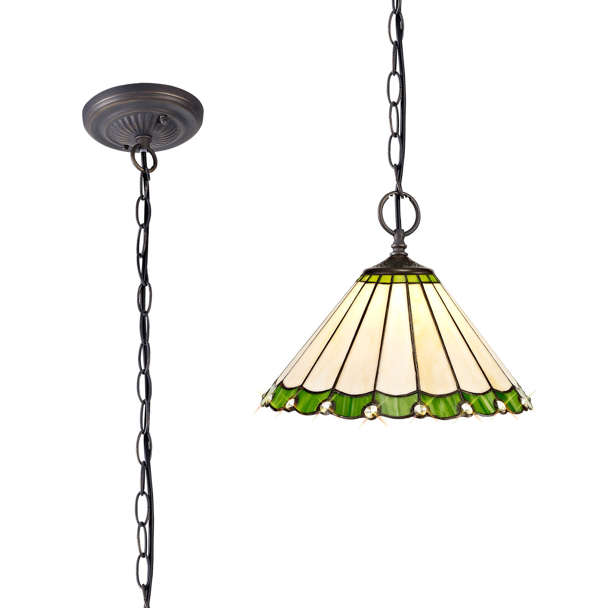 Williams 2 Light Downlighter Pendant E27 With 30cm Tiffany Shade, Green/Cream/Crystal/Aged Antique Brass