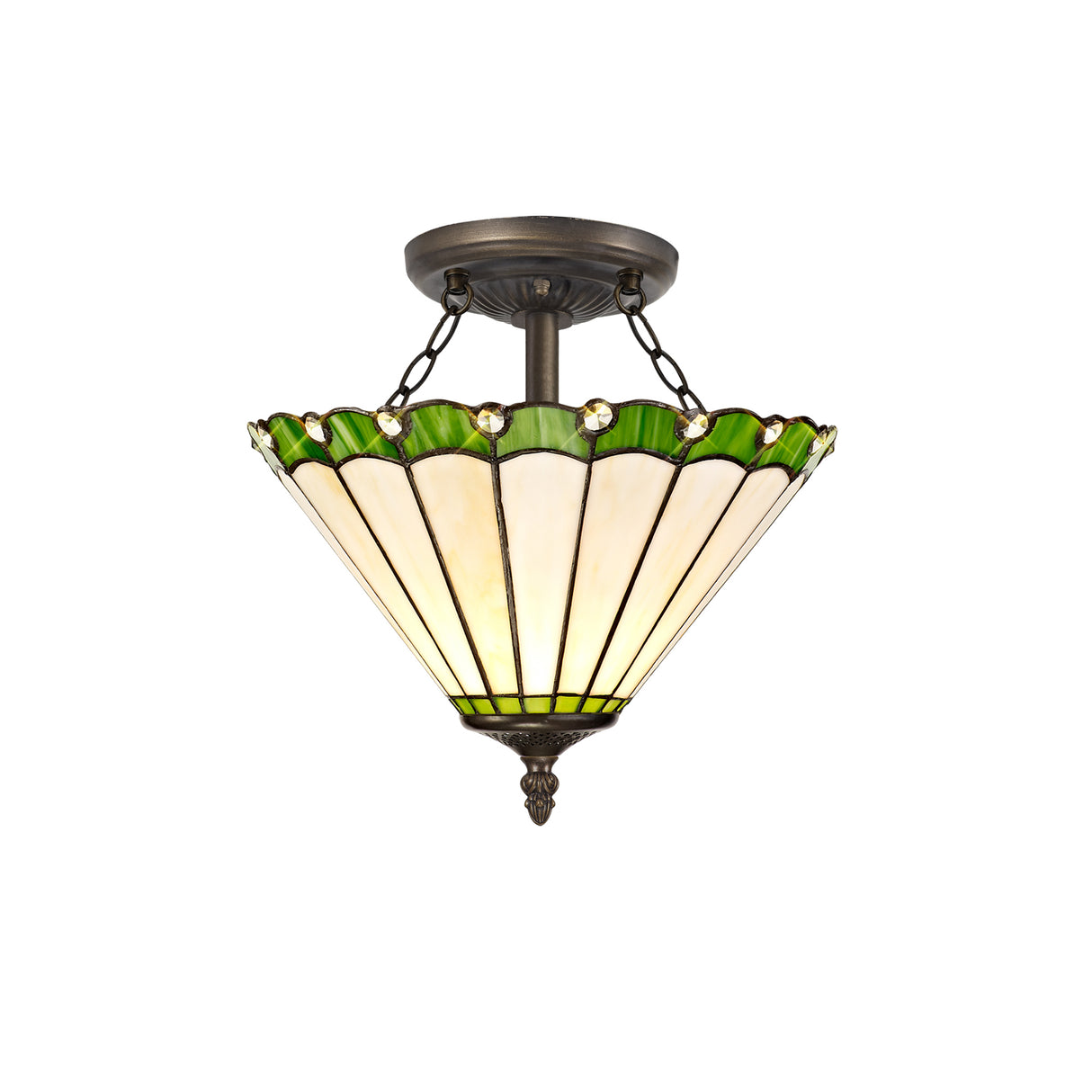 Williams 2 Light Semi Flush E27 With 30cm Tiffany Shade, Green/Cream/Crystal/Aged Antique Brass