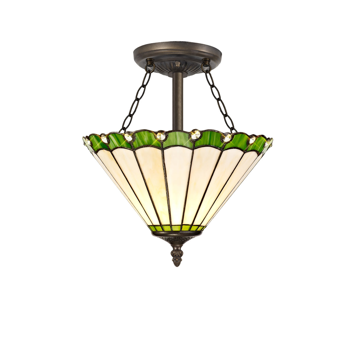 Williams 3 Light Semi Flush E27 With 30cm Tiffany Shade, Green/Cream/Crystal/Aged Antique Brass