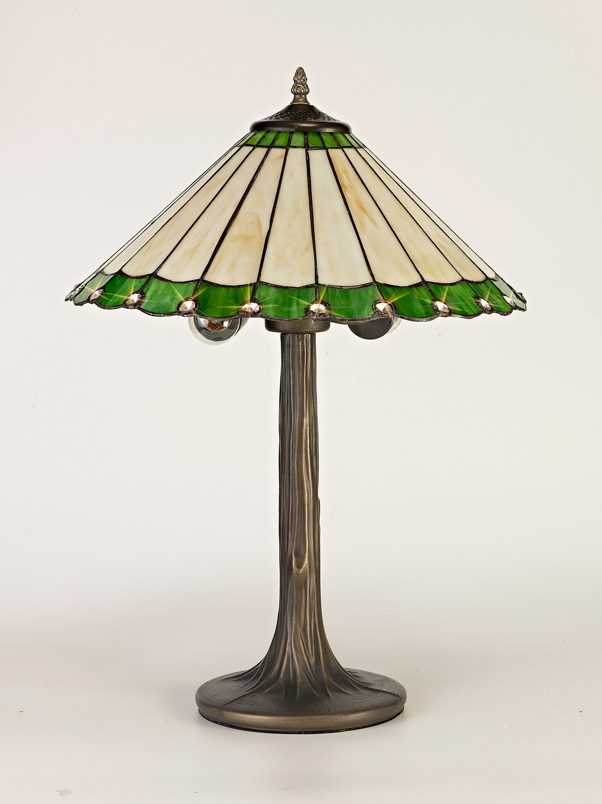 Williams 2 Light Tree Like Table Lamp E27 With 40cm Tiffany Shade, Green/Cream/Crystal/Aged Antique Brass