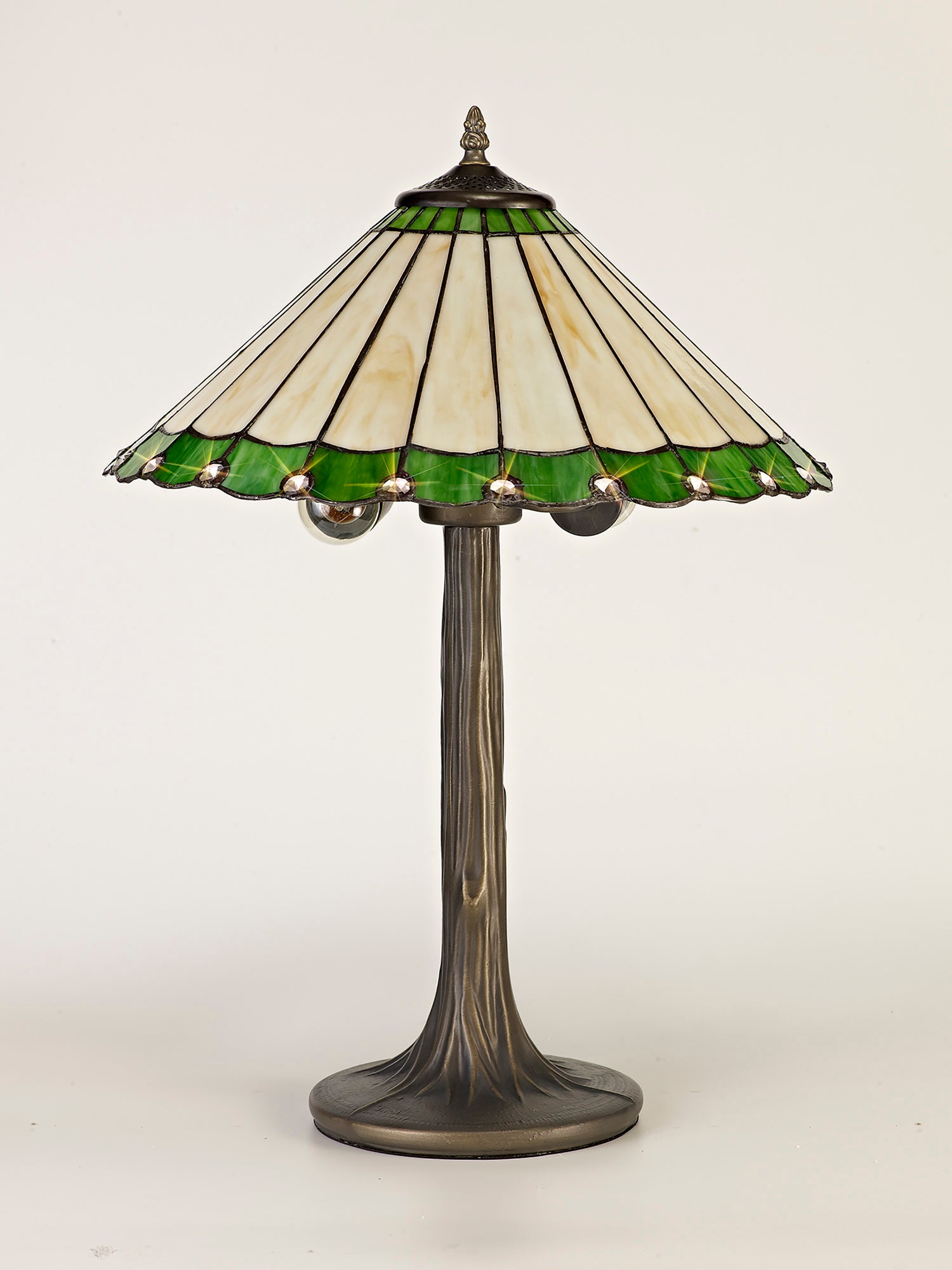 Williams 2 Light Tree Like Table Lamp E27 With 40cm Tiffany Shade, Green/Cream/Crystal/Aged Antique Brass
