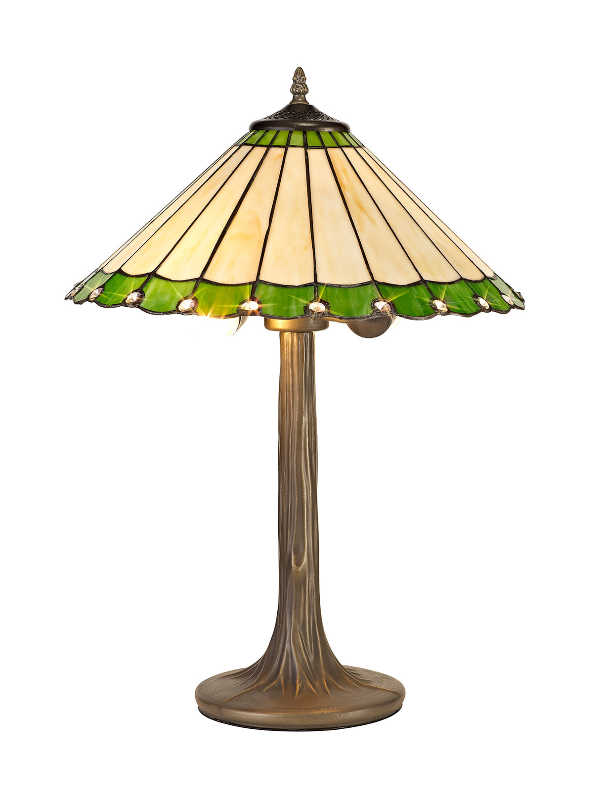 Williams 2 Light Tree Like Table Lamp E27 With 40cm Tiffany Shade, Green/Cream/Crystal/Aged Antique Brass