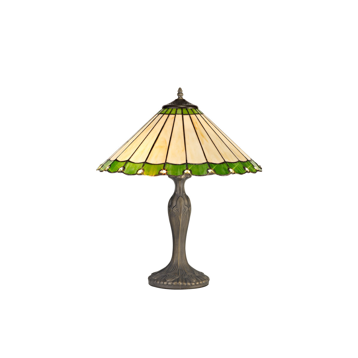 Williams 2 Light Curved Table Lamp E27 With 40cm Tiffany Shade, Green/Cream/Crystal/Aged Antique Brass