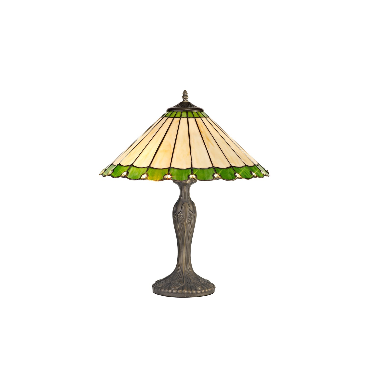 Williams 2 Light Curved Table Lamp E27 With 40cm Tiffany Shade, Green/Cream/Crystal/Aged Antique Brass