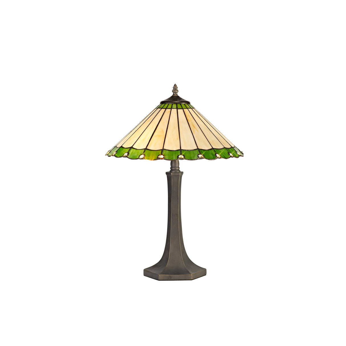 Williams 2 Light Octagonal Table Lamp E27 With 40cm Tiffany Shade, Green/Cream/Crystal/Aged Antique Brass