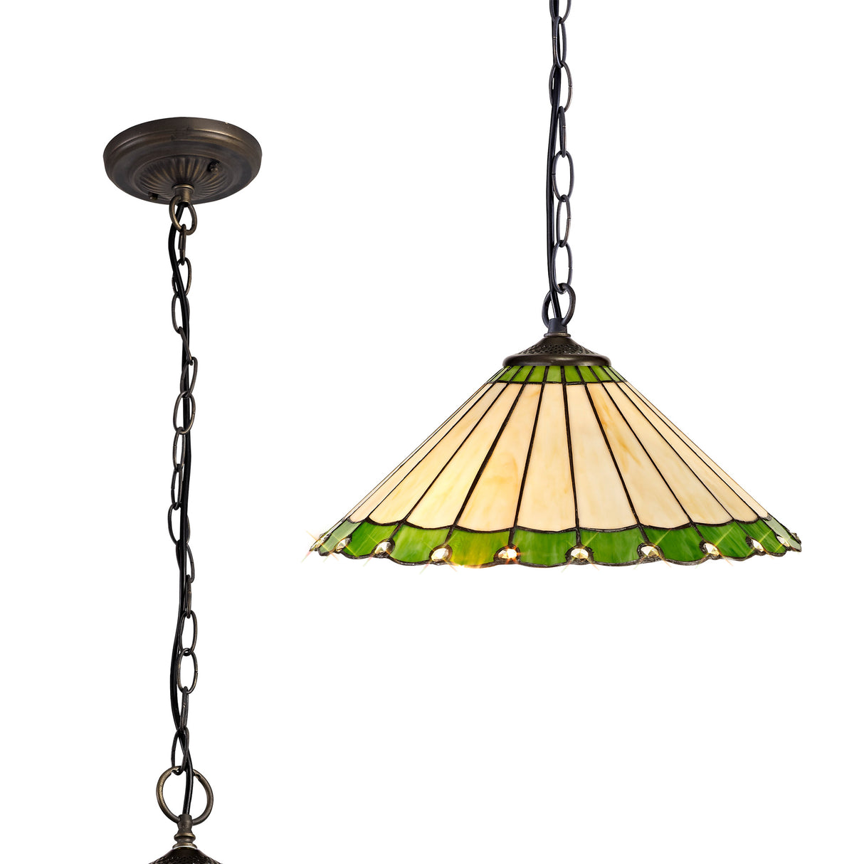 Williams 1 Light Downlighter Pendant E27 With 40cm Tiffany Shade, Green/Cream/Crystal/Aged Antique Brass
