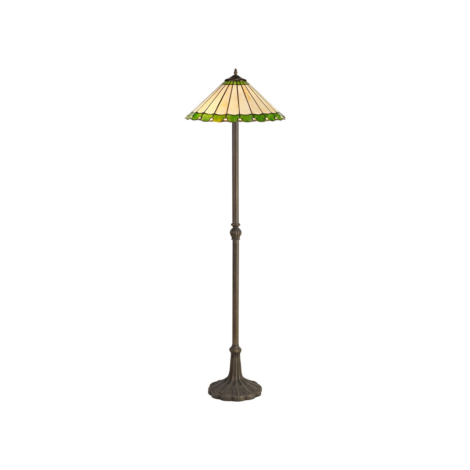 Williams 2 Light Leaf Design Floor Lamp E27 With 40cm Tiffany Shade, Green/Cream/Crystal/Aged Antique Brass