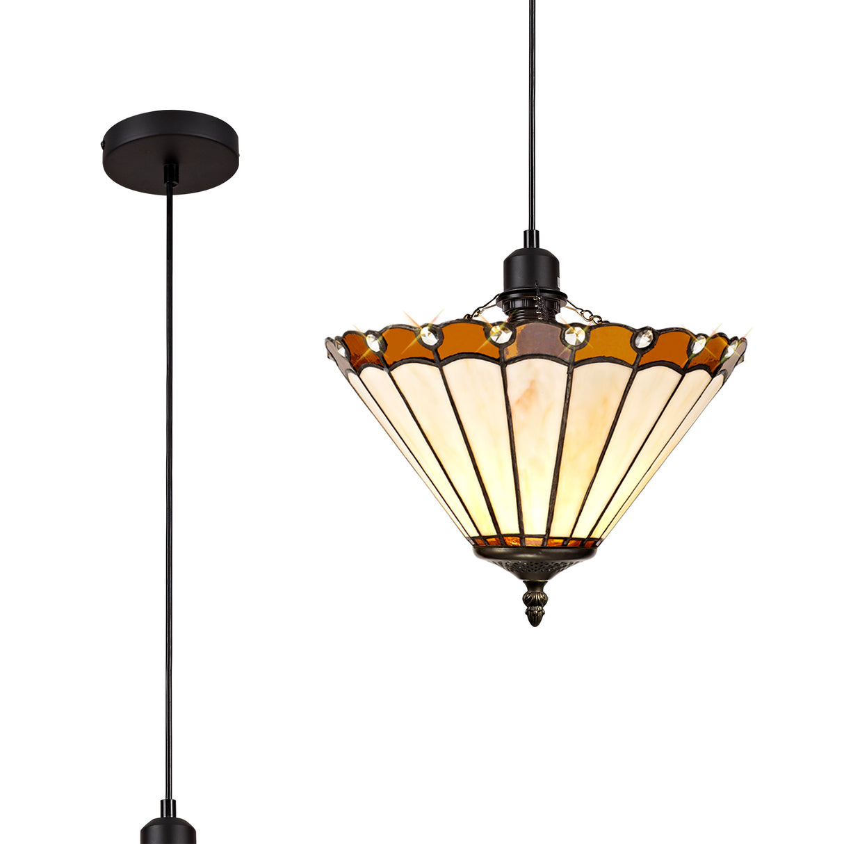 Williams 1 Light Uplighter Pendant E27 With 30cm Tiffany Shade, Amber/Cream/Crystal/Black