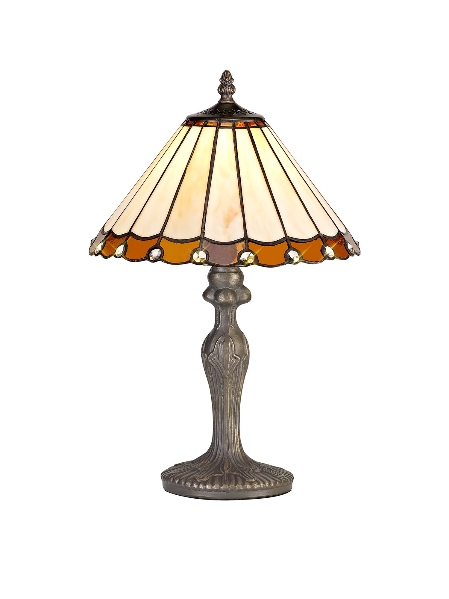 Williams 1 Light Curved Table Lamp E27 With 30cm Tiffany Shade, Amber/Cream/Crystal/Aged Antique Brass