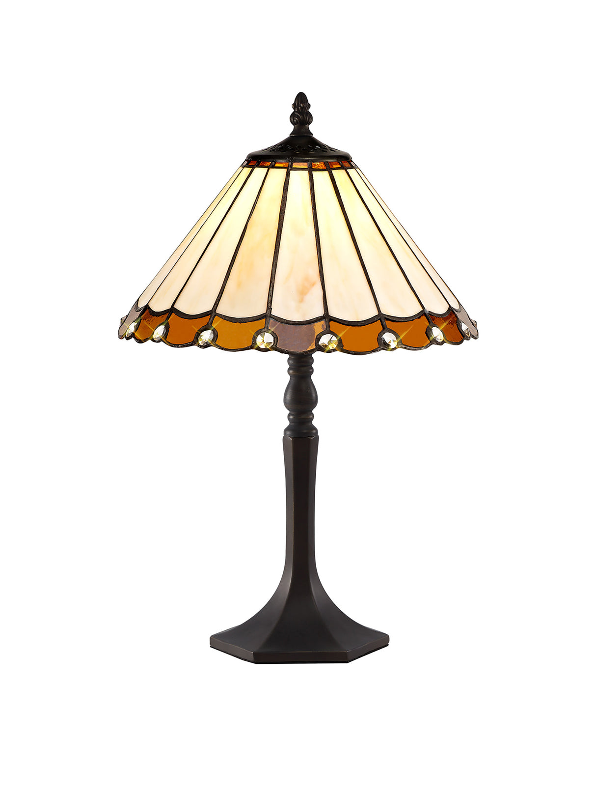 Williams 1 Light Octagonal Table Lamp E27 With 30cm Tiffany Shade, Amber/Cream/Crystal/Aged Antique Brass