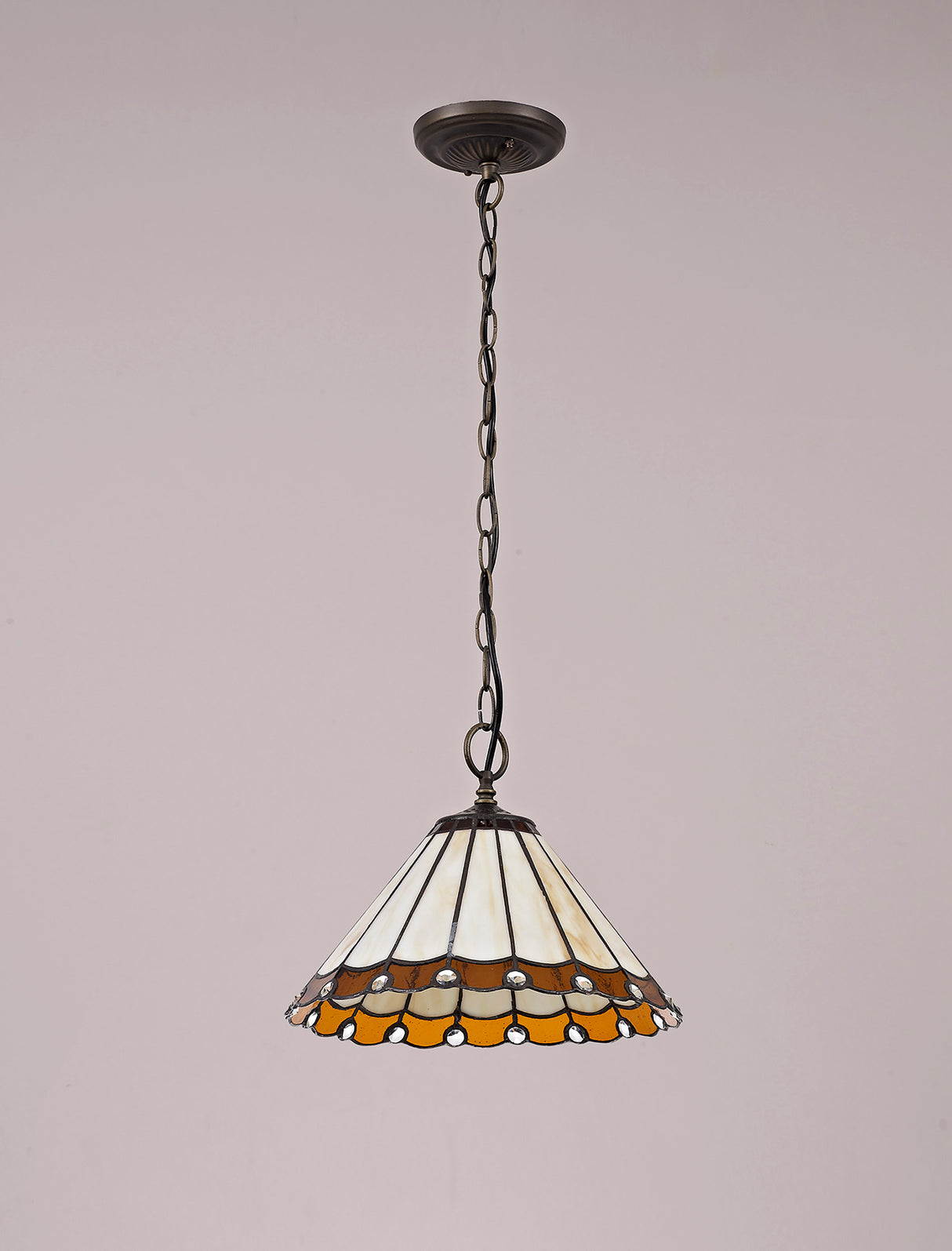 Williams 1 Light Downlighter Pendant E27 With 30cm Tiffany Shade, Amber/Cream/Crystal/Aged Antique Brass