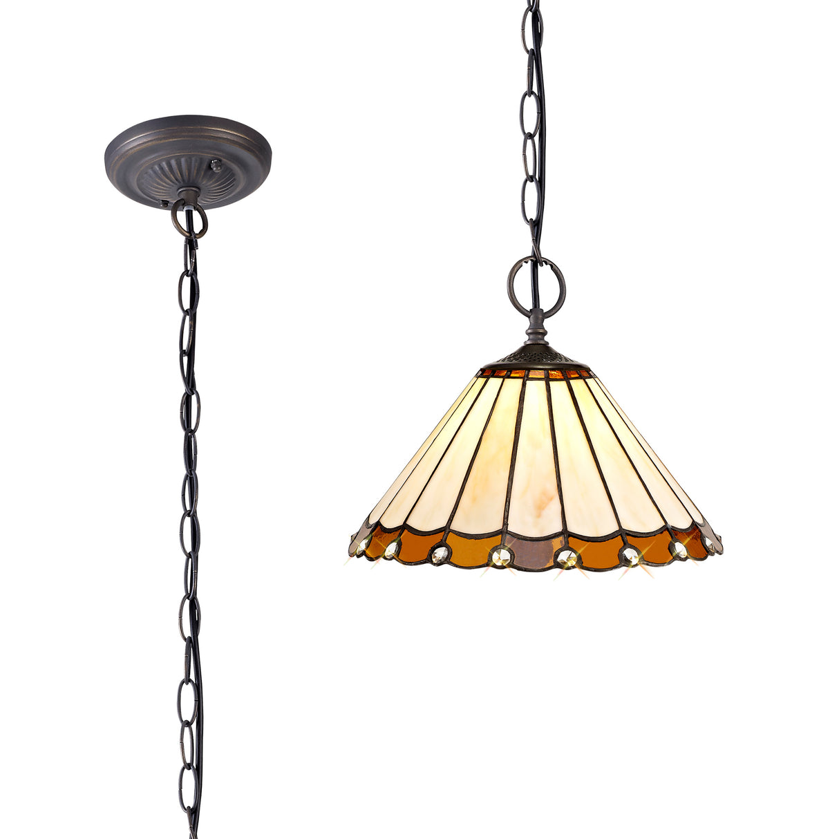 Williams 2 Light Downlighter Pendant E27 With 30cm Tiffany Shade, Amber/Cream/Crystal/Aged Antique Brass