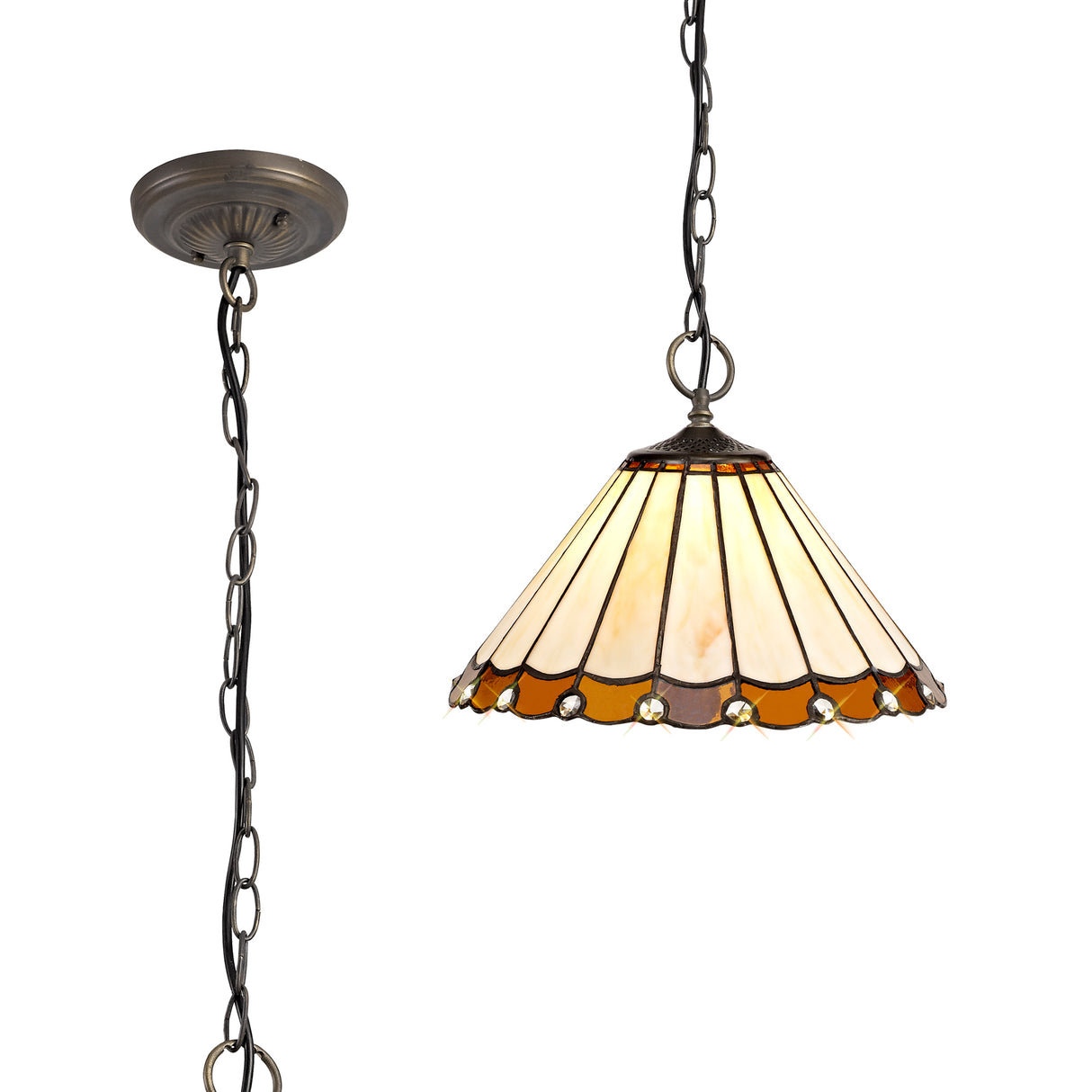 Williams 3 Light Downlighter Pendant E27 With 30cm Tiffany Shade, Amber/Cream/Crystal/Aged Antique Brass