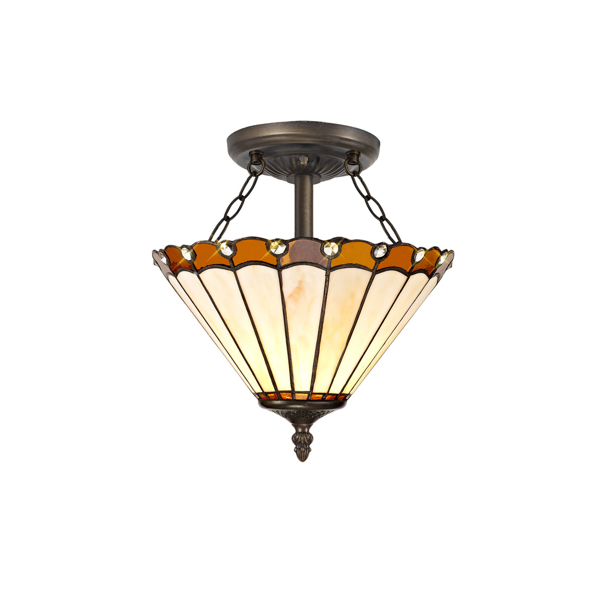 Williams 2 Light Semi Flush E27 With 30cm Tiffany Shade, Amber/Cream/Crystal/Aged Antique Brass