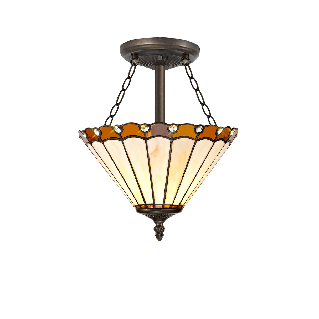 Williams 3 Light Semi Flush E27 With 30cm Tiffany Shade, Amber/Cream/Crystal/Aged Antique Brass