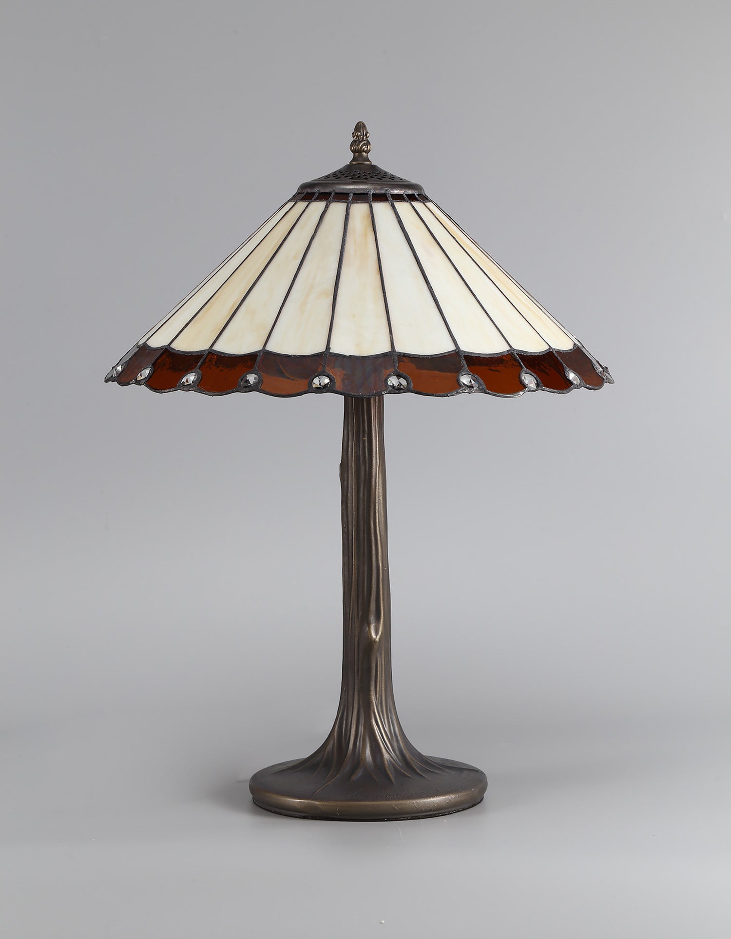 Williams 2 Light Tree Like Table Lamp E27 With 40cm Tiffany Shade, Amber/Cream/Crystal/Aged Antique Brass