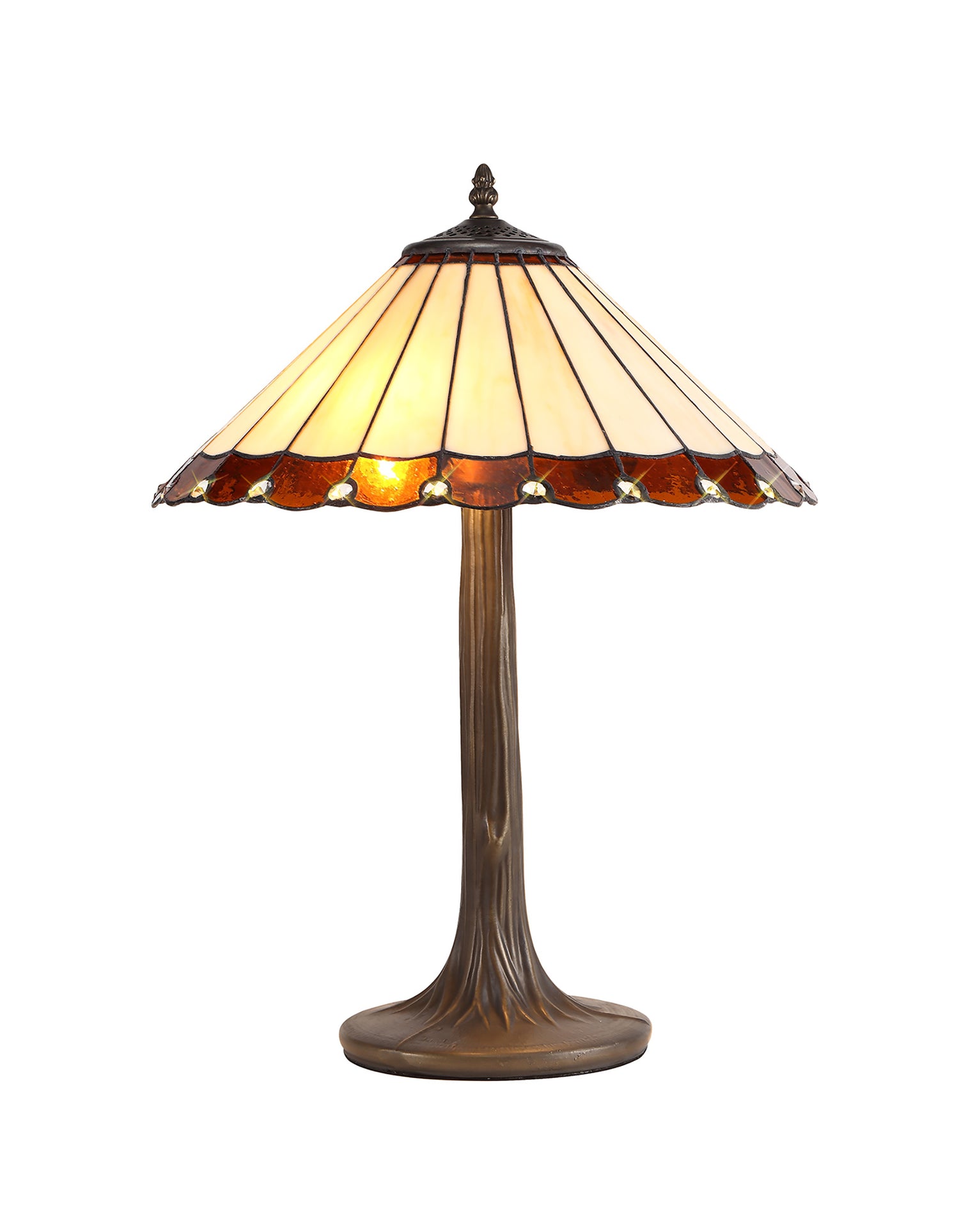 Williams 2 Light Tree Like Table Lamp E27 With 40cm Tiffany Shade, Amber/Cream/Crystal/Aged Antique Brass