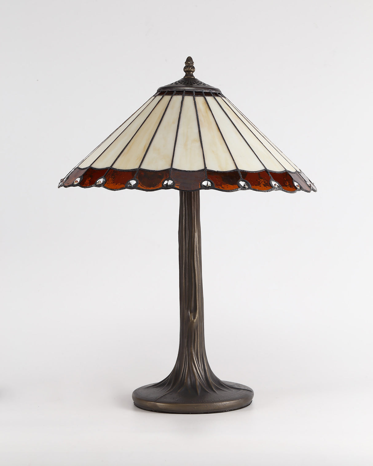 Williams 2 Light Curved Table Lamp E27 With 40cm Tiffany Shade, Amber/Cream/Crystal/Aged Antique Brass