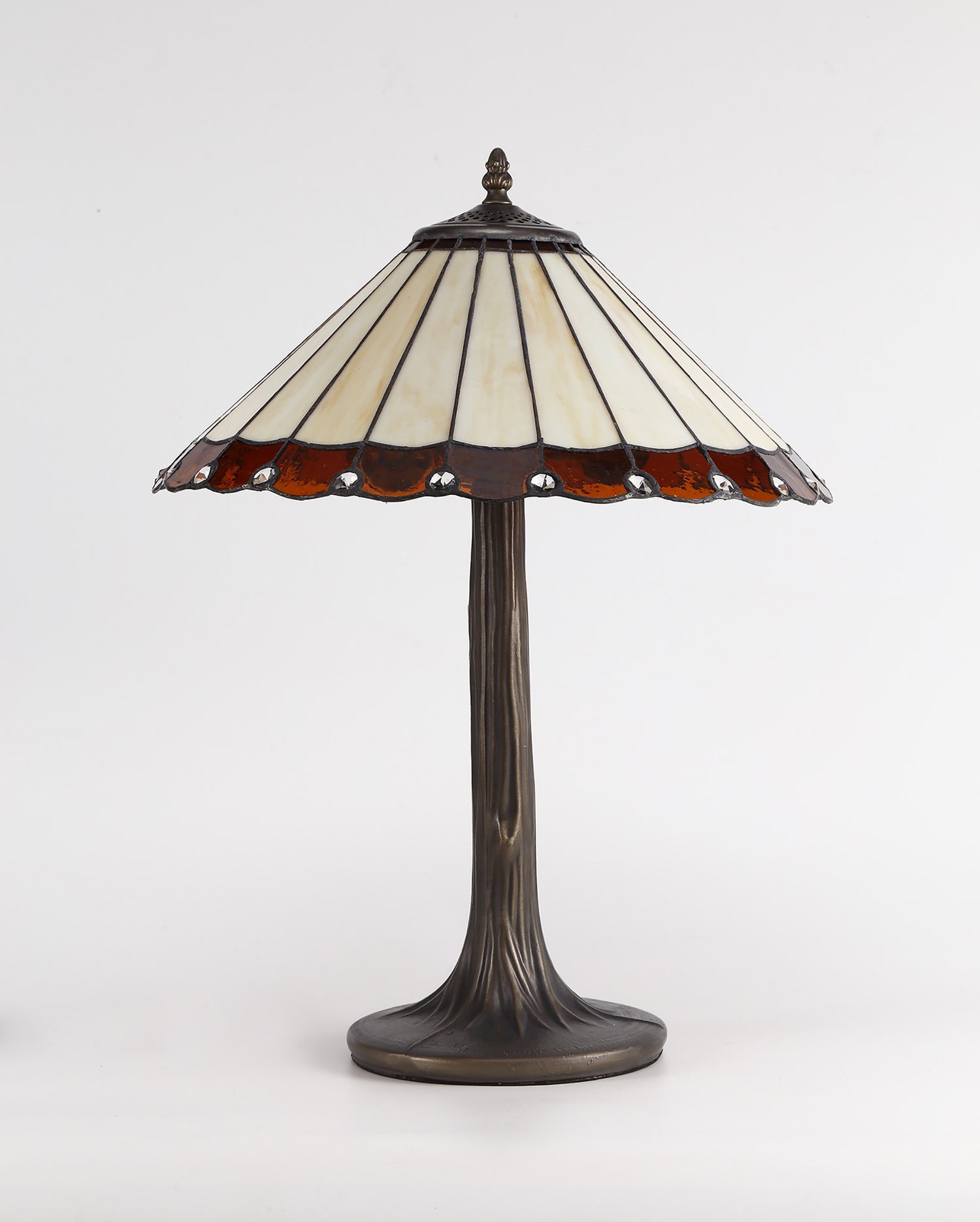 Williams 2 Light Curved Table Lamp E27 With 40cm Tiffany Shade, Amber/Cream/Crystal/Aged Antique Brass