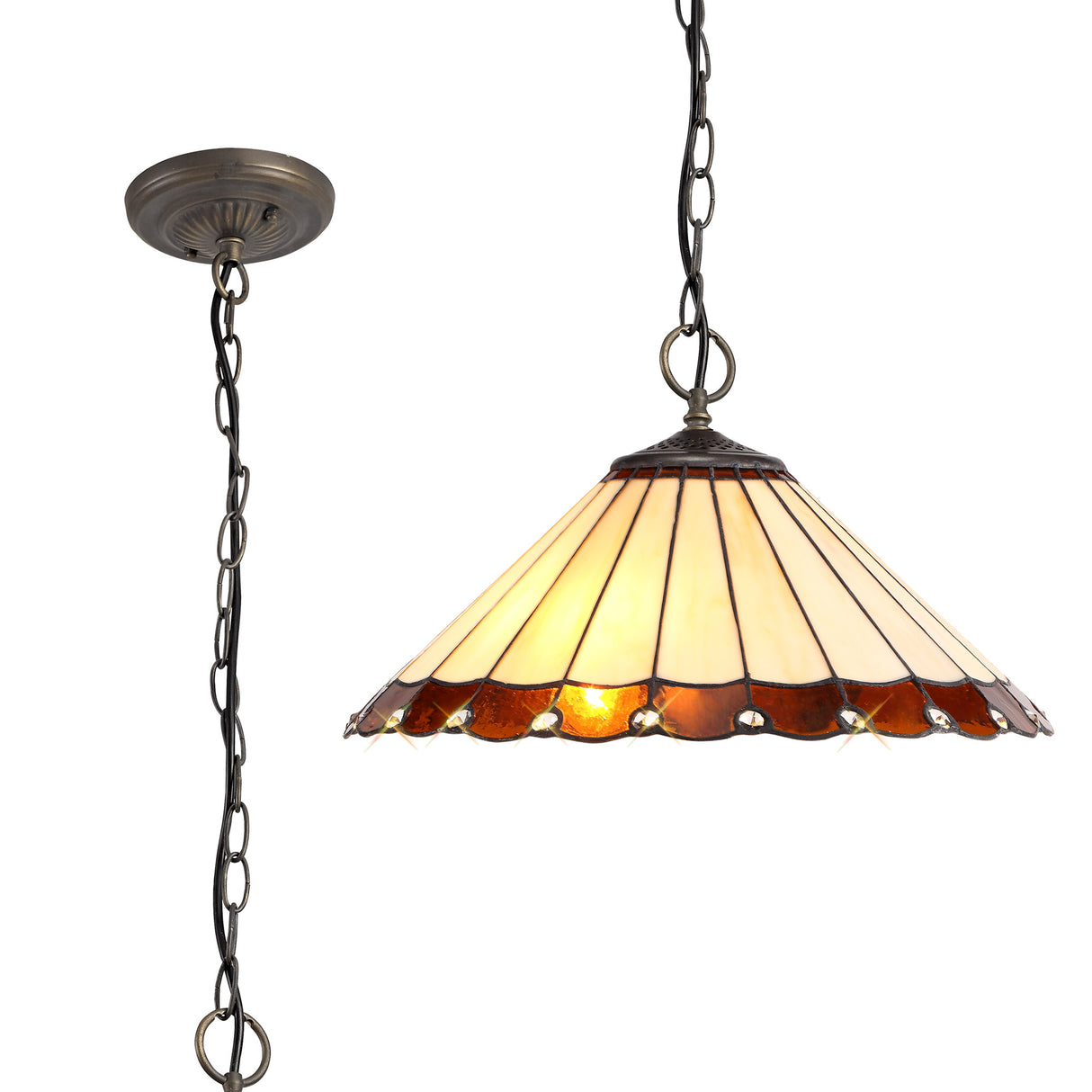 Williams 3 Light Downlighter Pendant E27 With 40cm Tiffany Shade, Amber/Cream/Crystal/Aged Antique Brass