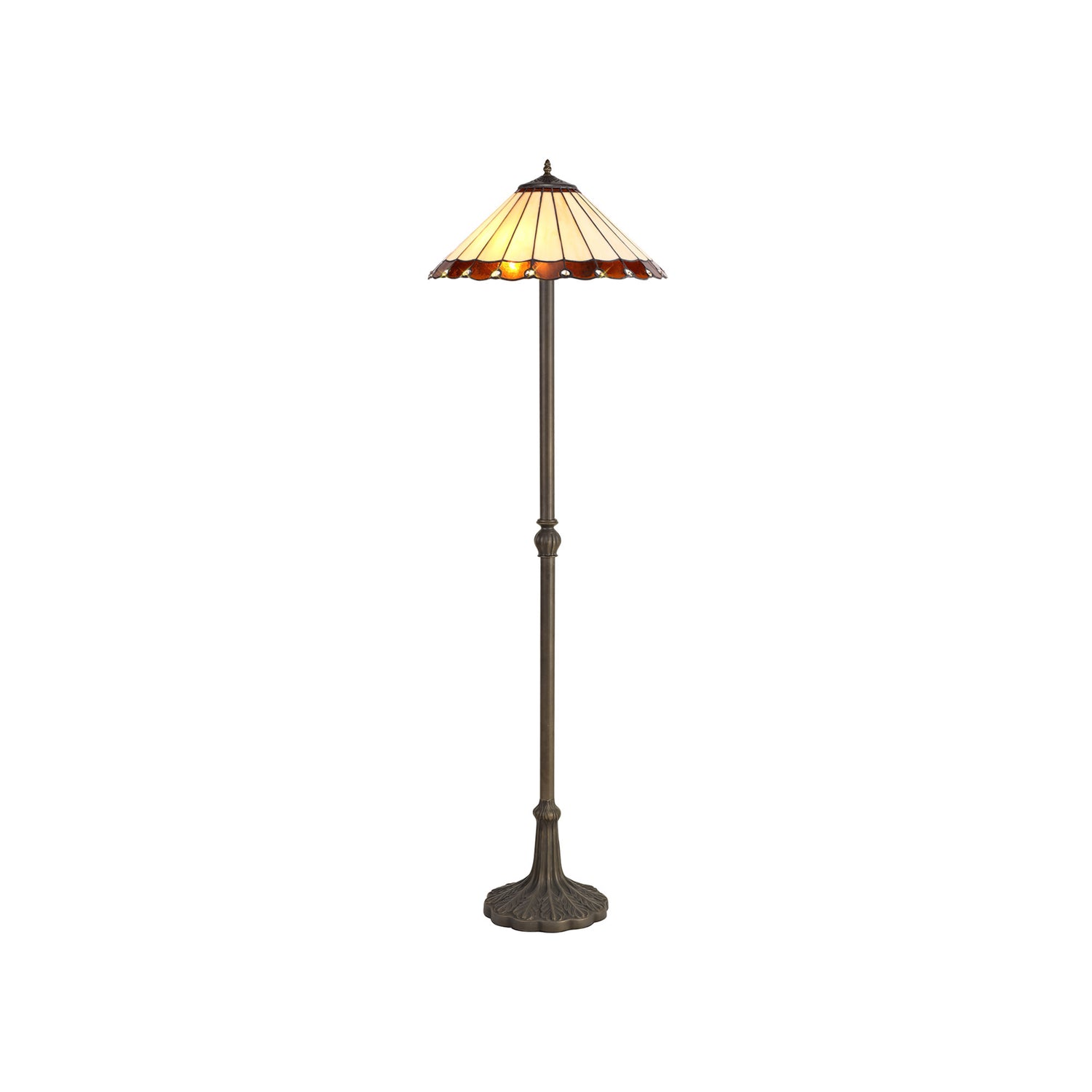 Williams 2 Light Leaf Design Floor Lamp E27 With 40cm Tiffany Shade, Amber/Cream/Crystal/Aged Antique Brass