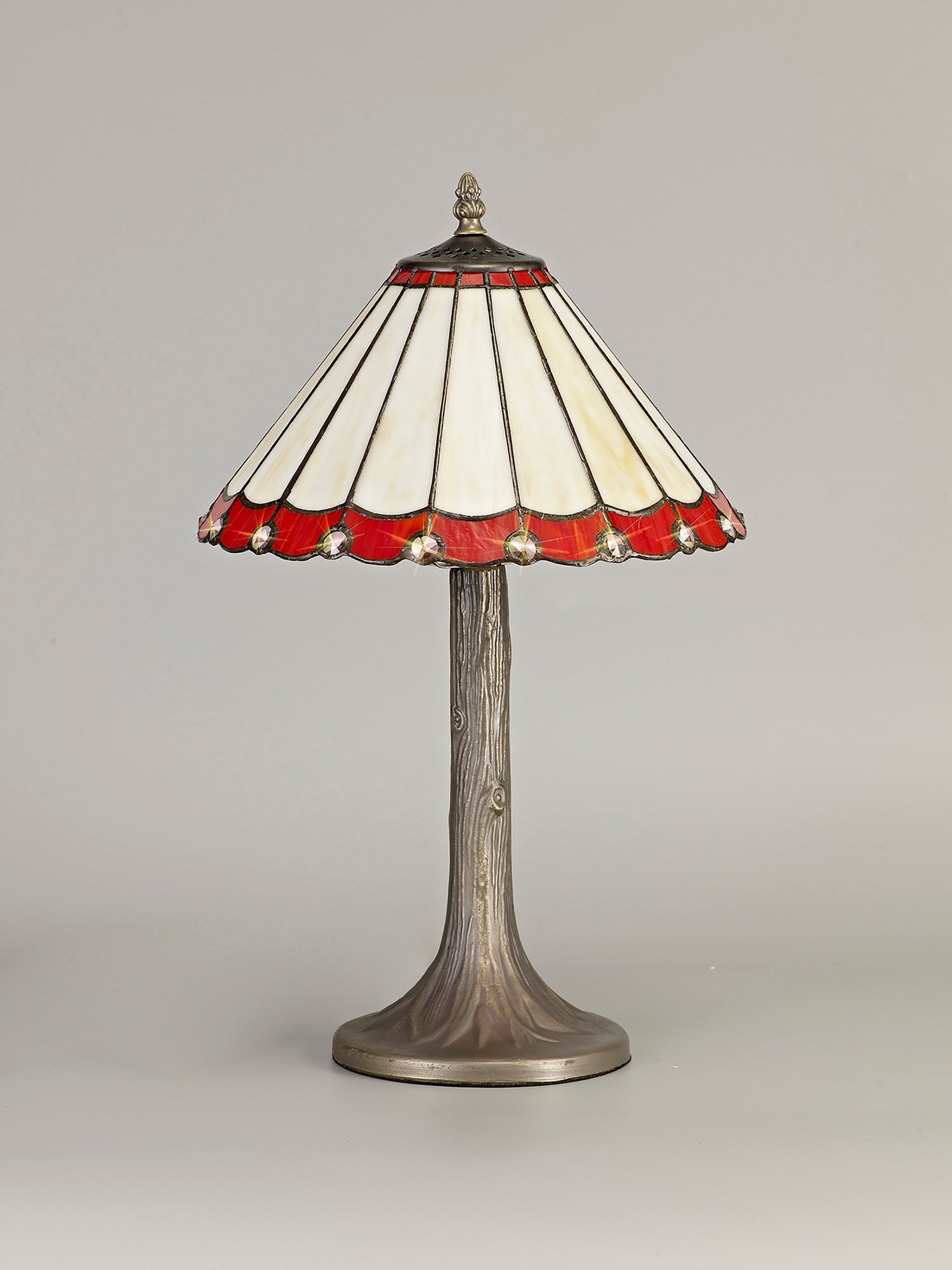 Williams 1 Light Tree Like Table Lamp E27 With 30cm Tiffany Shade, Red/Cream/Crystal/Aged Antique Brass
