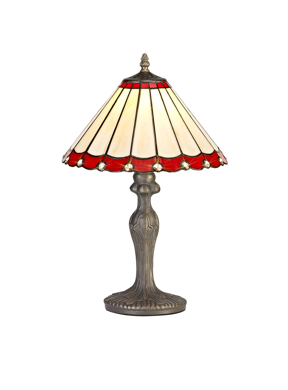 Williams 1 Light Curved Table Lamp E27 With 30cm Tiffany Shade, Red/Cream/Crystal/Aged Antique Brass