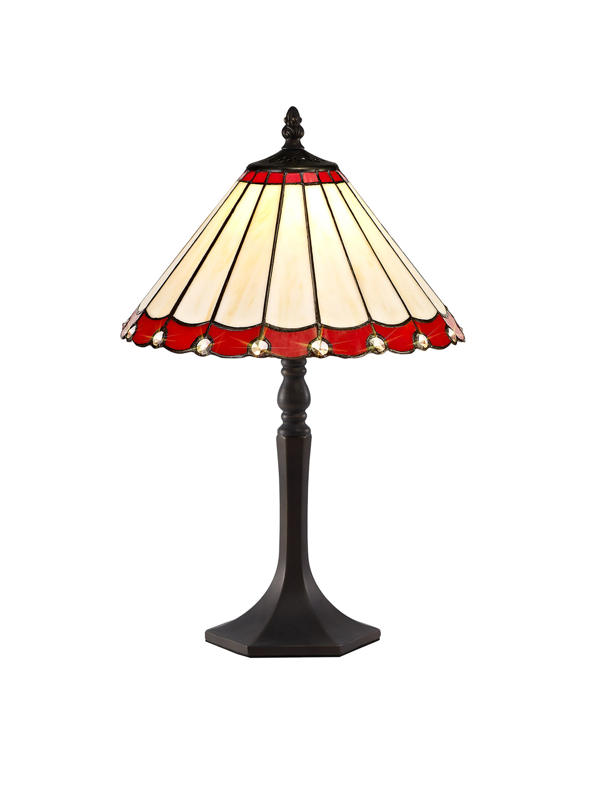 Williams 1 Light Octagonal Table Lamp E27 With 30cm Tiffany Shade, Red/Cream/Crystal/Aged Antique Brass