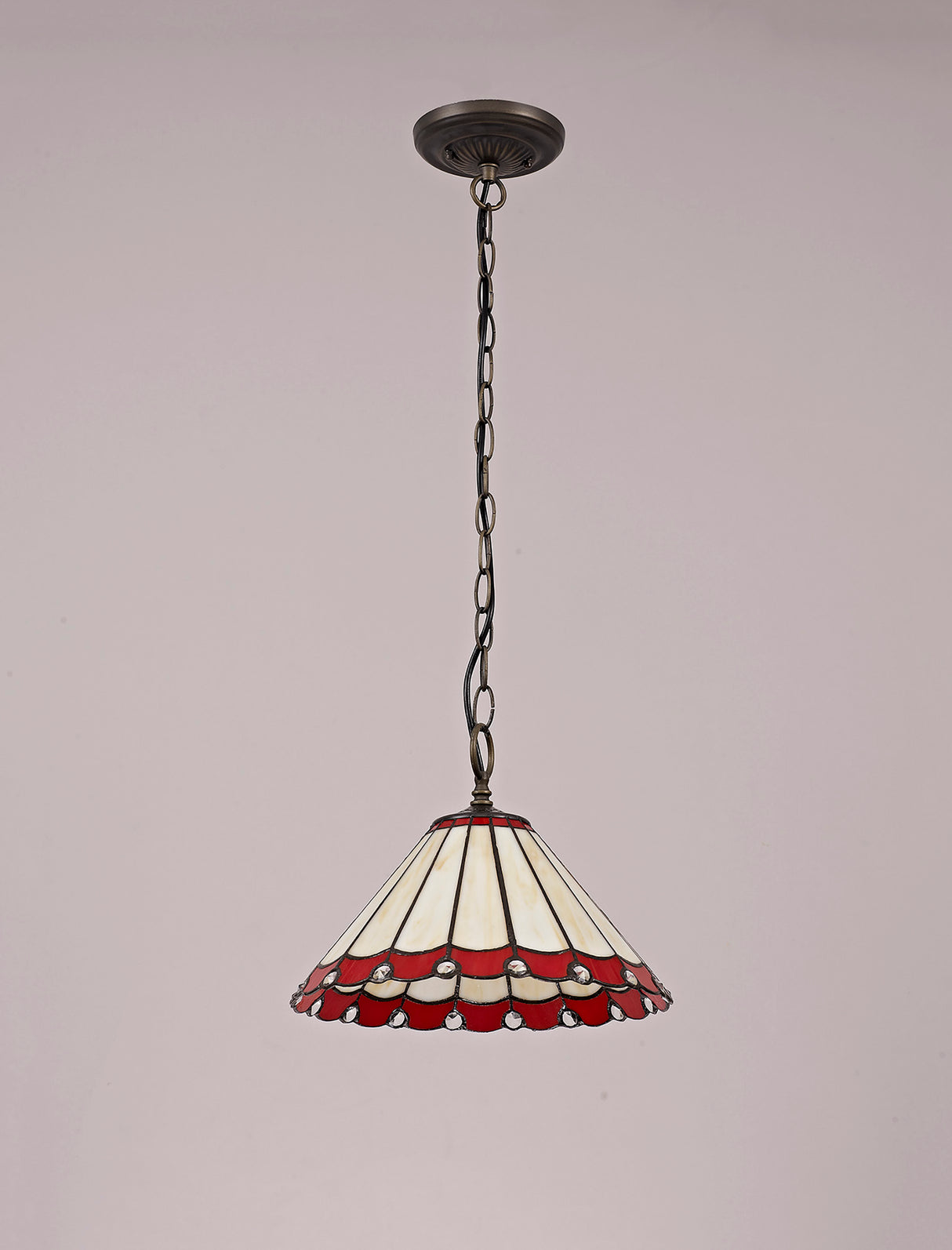 Williams 1 Light Downlighter Pendant E27 With 30cm Tiffany Shade, Red/Cream/Crystal/Aged Antique Brass