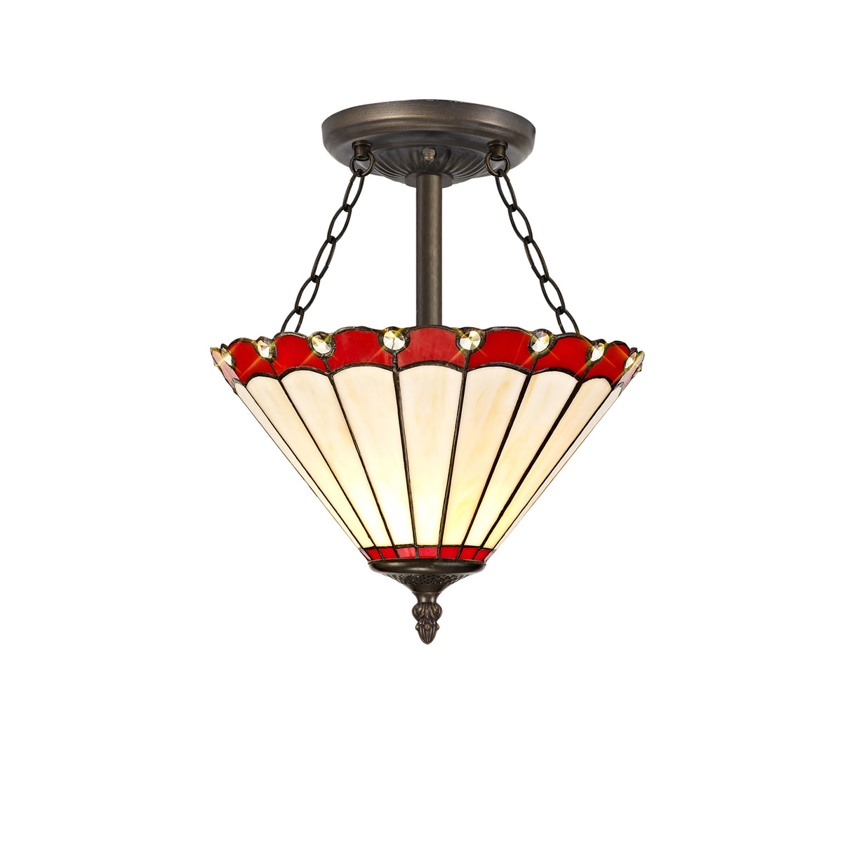 Williams 3 Light Semi Flush E27 With 30cm Tiffany Shade, Red/Cream/Crystal/Aged Antique Brass