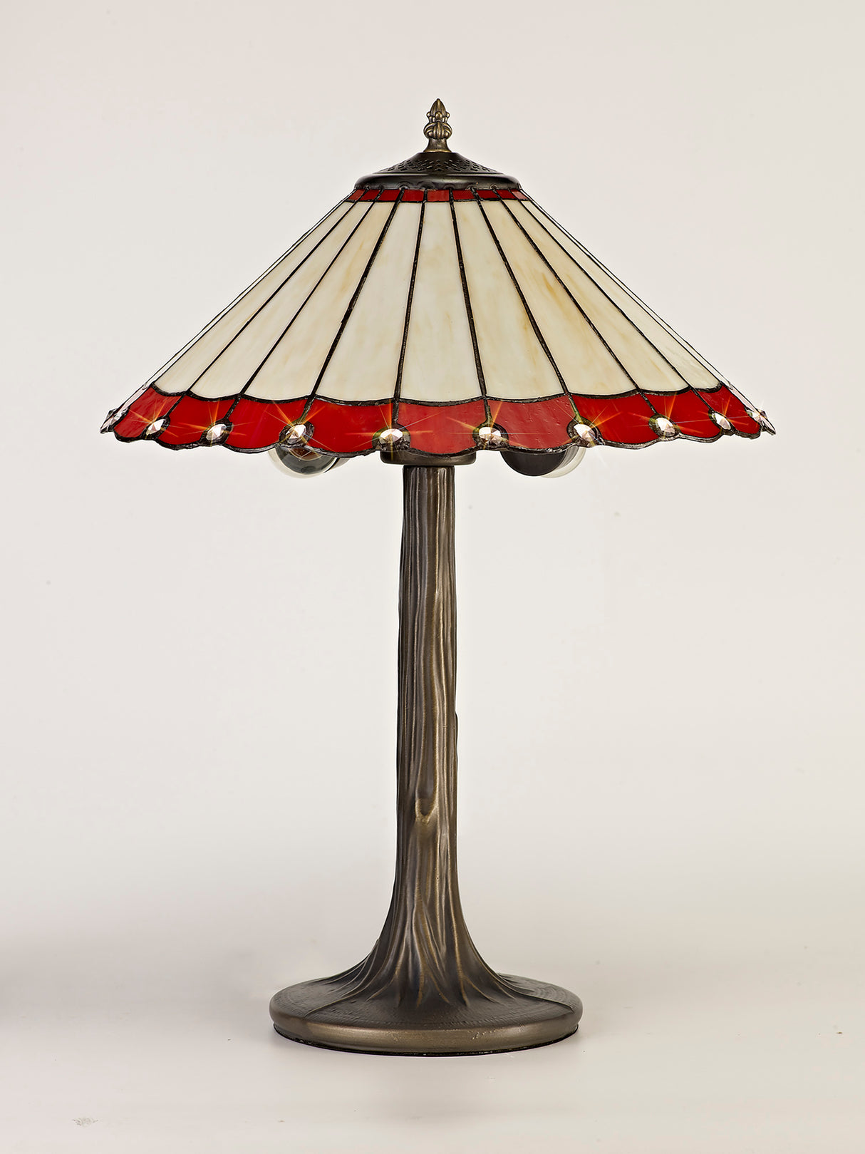 Williams 2 Light Tree Like Table Lamp E27 With 40cm Tiffany Shade, Red/Cream/Crystal/Aged Antique Brass