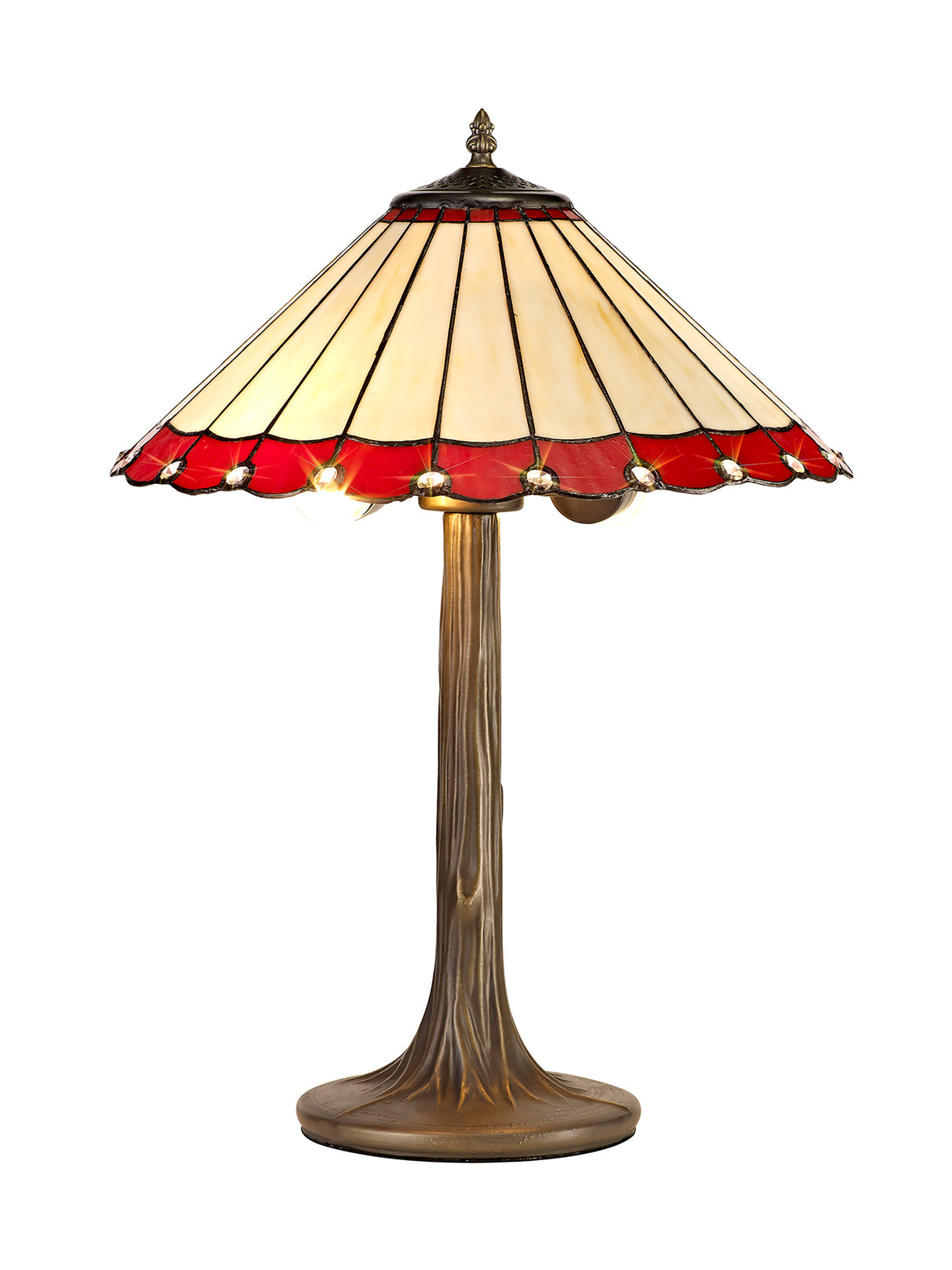 Williams 2 Light Tree Like Table Lamp E27 With 40cm Tiffany Shade, Red/Cream/Crystal/Aged Antique Brass