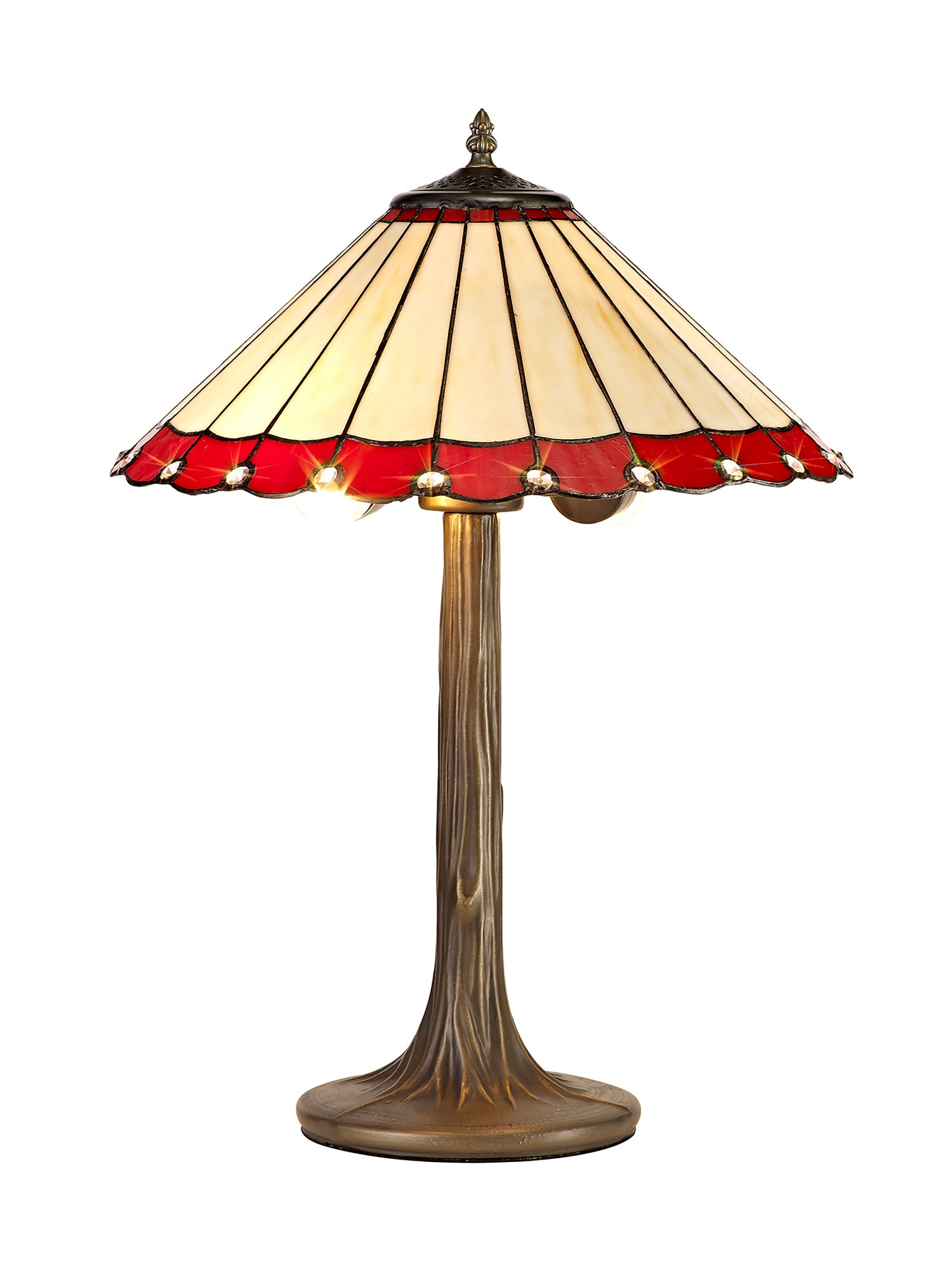 Williams 2 Light Tree Like Table Lamp E27 With 40cm Tiffany Shade, Red/Cream/Crystal/Aged Antique Brass