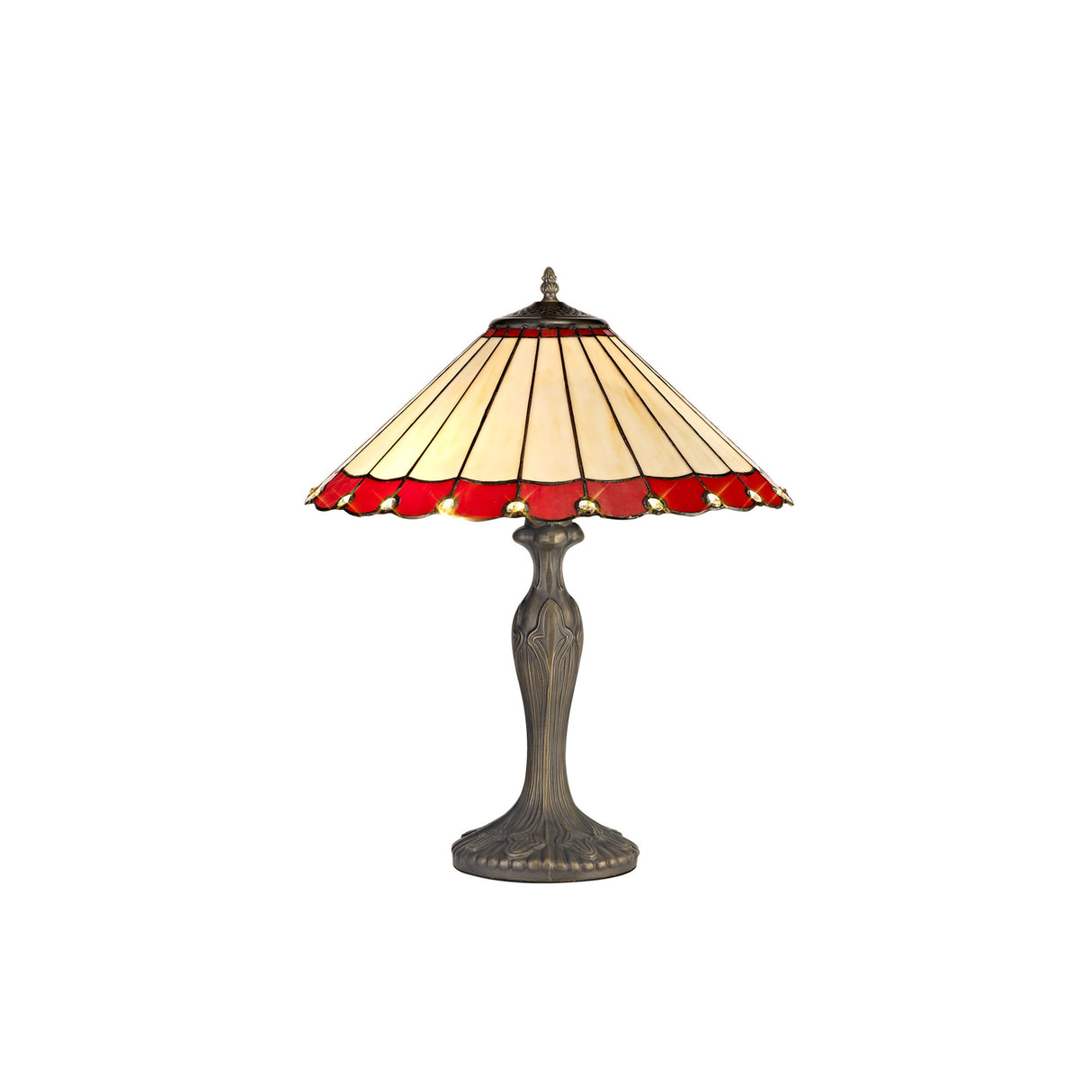Williams 2 Light Curved Table Lamp E27 With 40cm Tiffany Shade, Red/Cream/Crystal/Aged Antique Brass