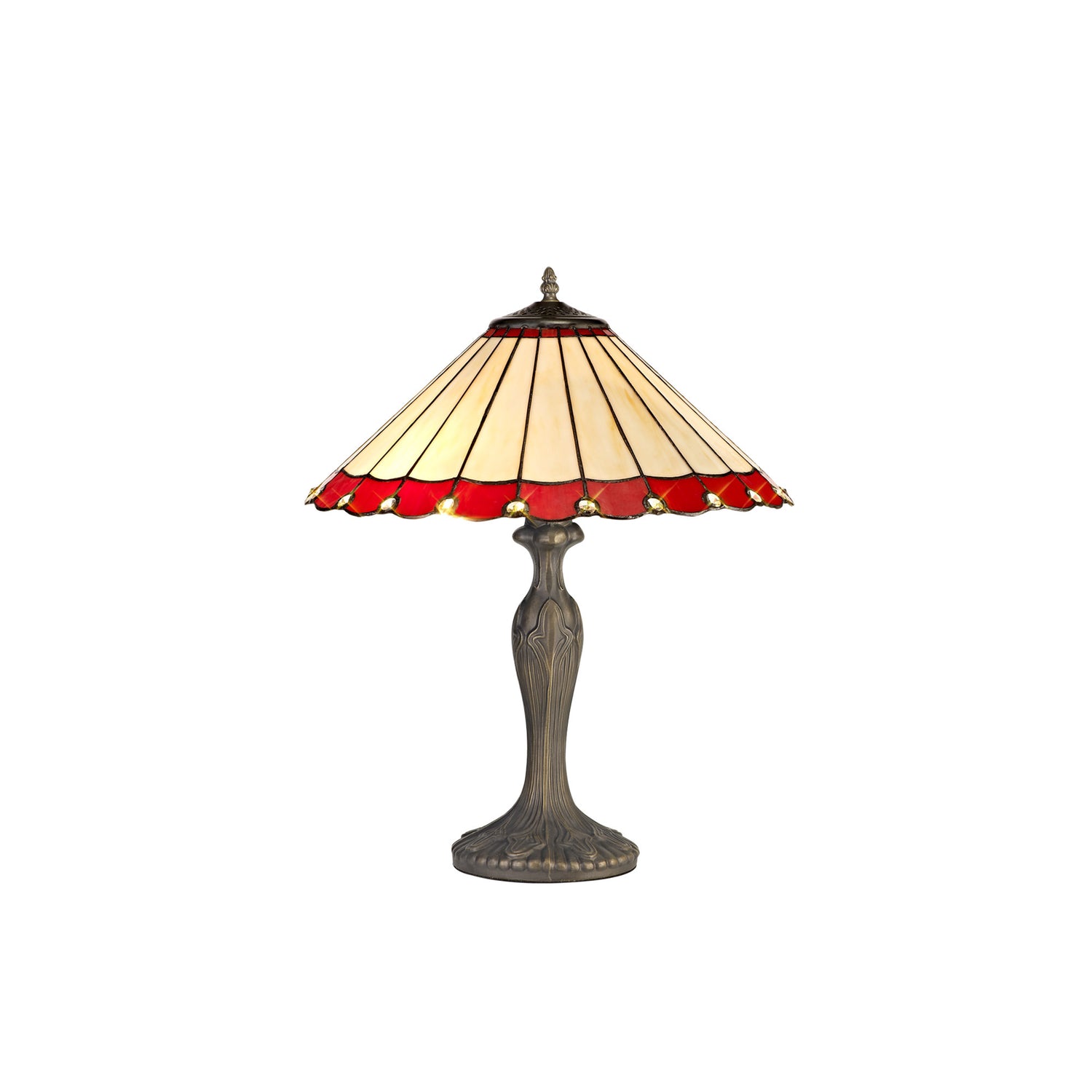 Williams 2 Light Curved Table Lamp E27 With 40cm Tiffany Shade, Red/Cream/Crystal/Aged Antique Brass