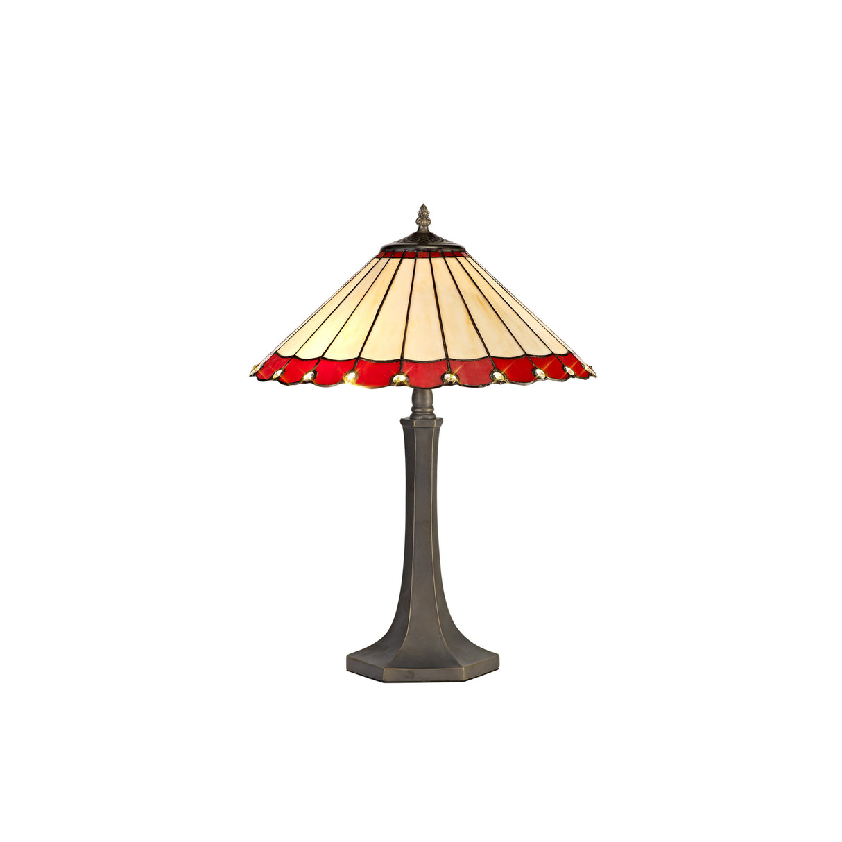Williams 2 Light Octagonal Table Lamp E27 With 40cm Tiffany Shade, Red/Cream/Crystal/Aged Antique Brass