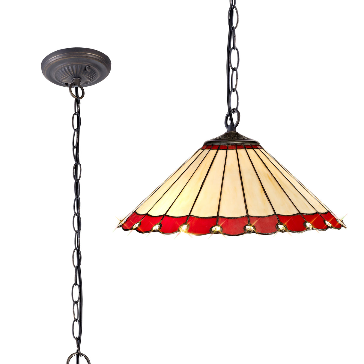 Williams 1 Light Downlighter Pendant E27 With 40cm Tiffany Shade, Red/Cream/Crystal/Aged Antique Brass