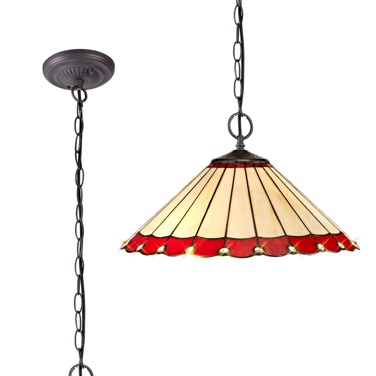 Williams 2 Light Downlighter Pendant E27 With 40cm Tiffany Shade, Red/Cream/Crystal/Aged Antique Brass