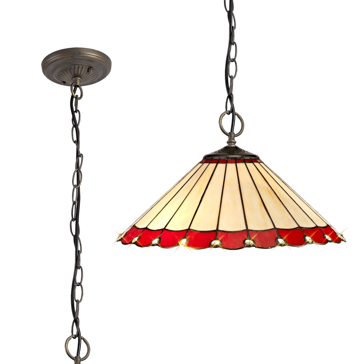 Williams 3 Light Downlighter Pendant E27 With 40cm Tiffany Shade, Red/Cream/Crystal/Aged Antique Brass