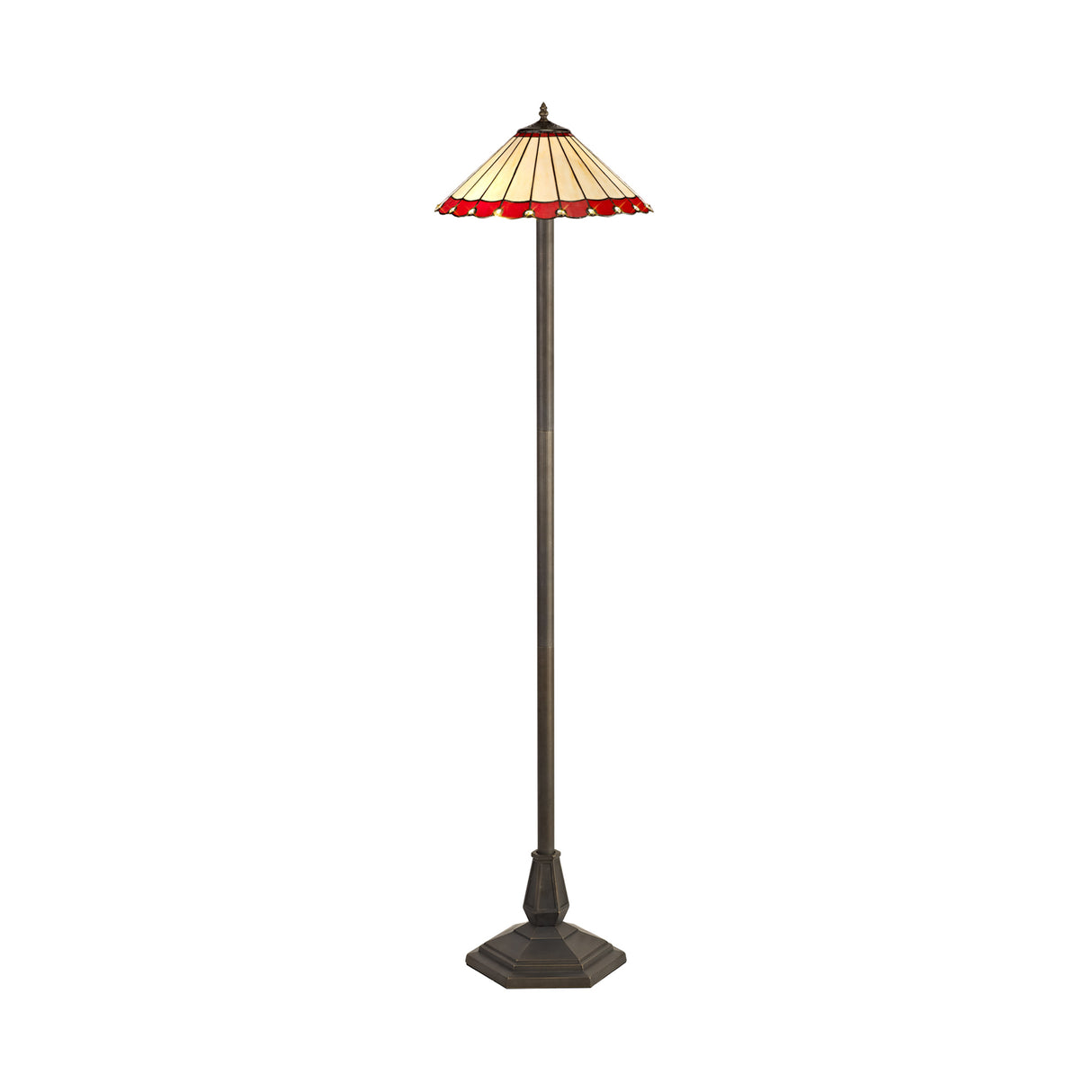 Williams 2 Light Octagonal Floor Lamp E27 With 40cm Tiffany Shade, Red/Cream/Crystal/Aged Antique Brass