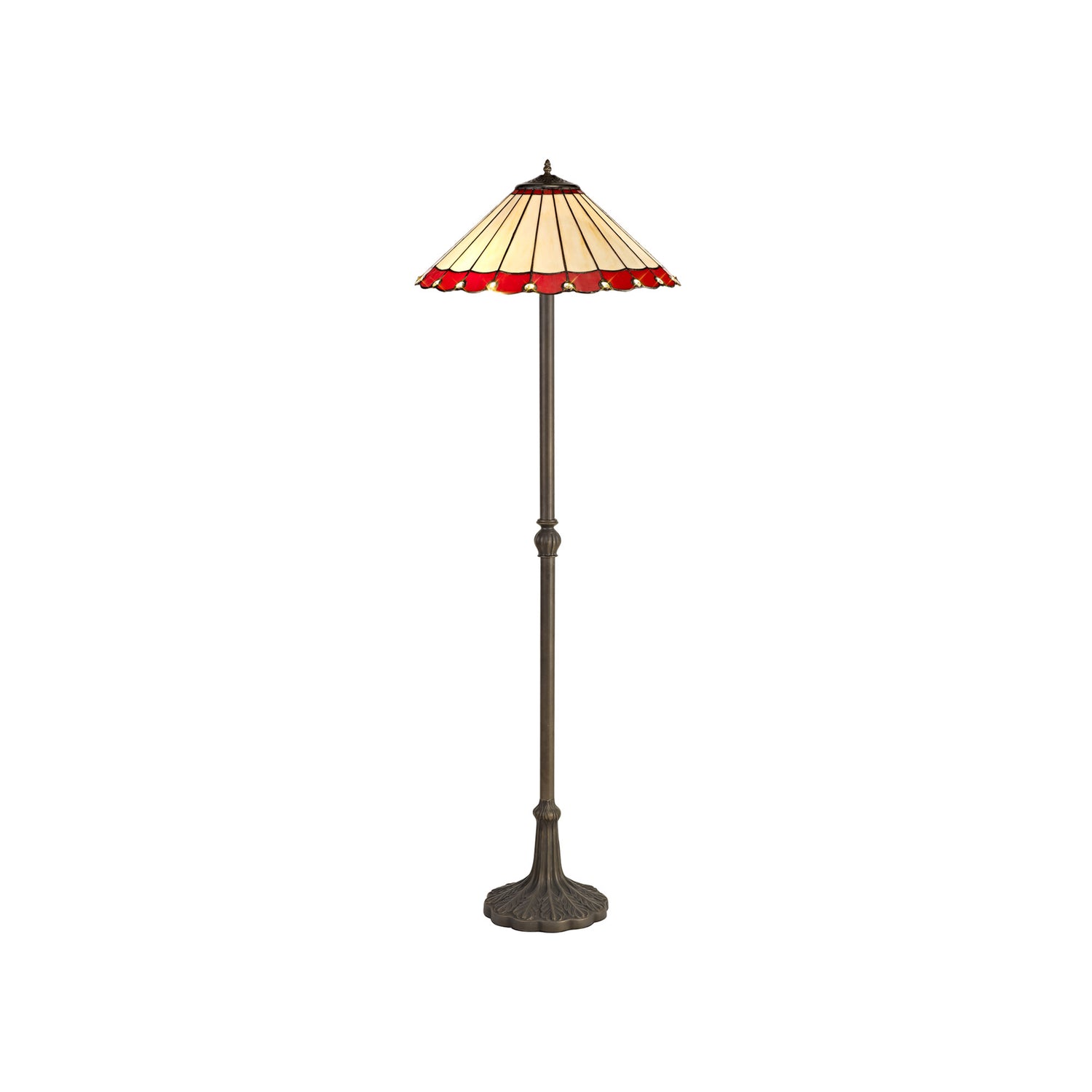 Williams 2 Light Leaf Design Floor Lamp E27 With 40cm Tiffany Shade, Red/Cream/Crystal/Aged Antique Brass