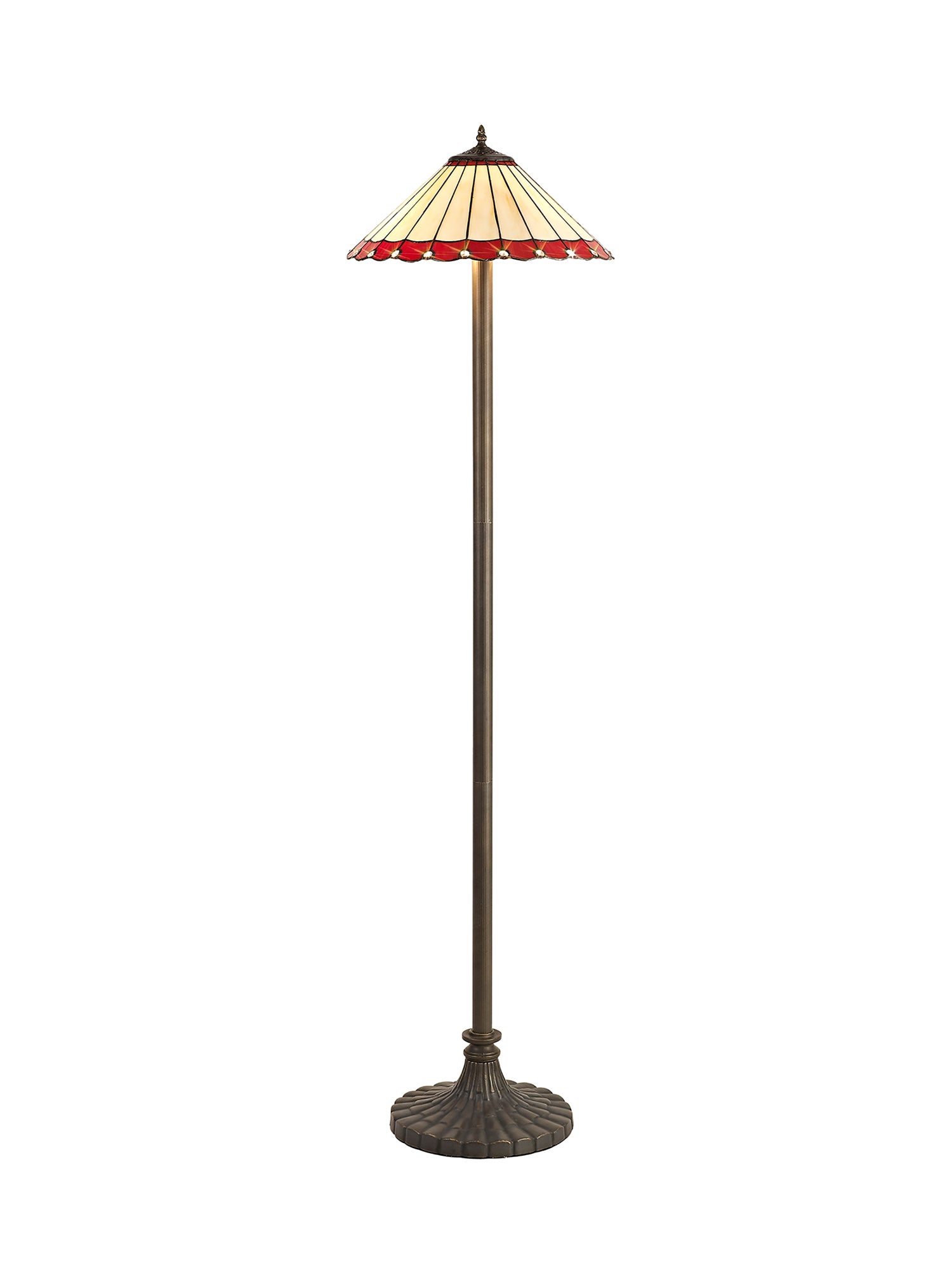 Williams 2 Light Stepped Design Floor Lamp E27 With 40cm Tiffany Shade, Red/Cream/Crystal/Aged Antique Brass