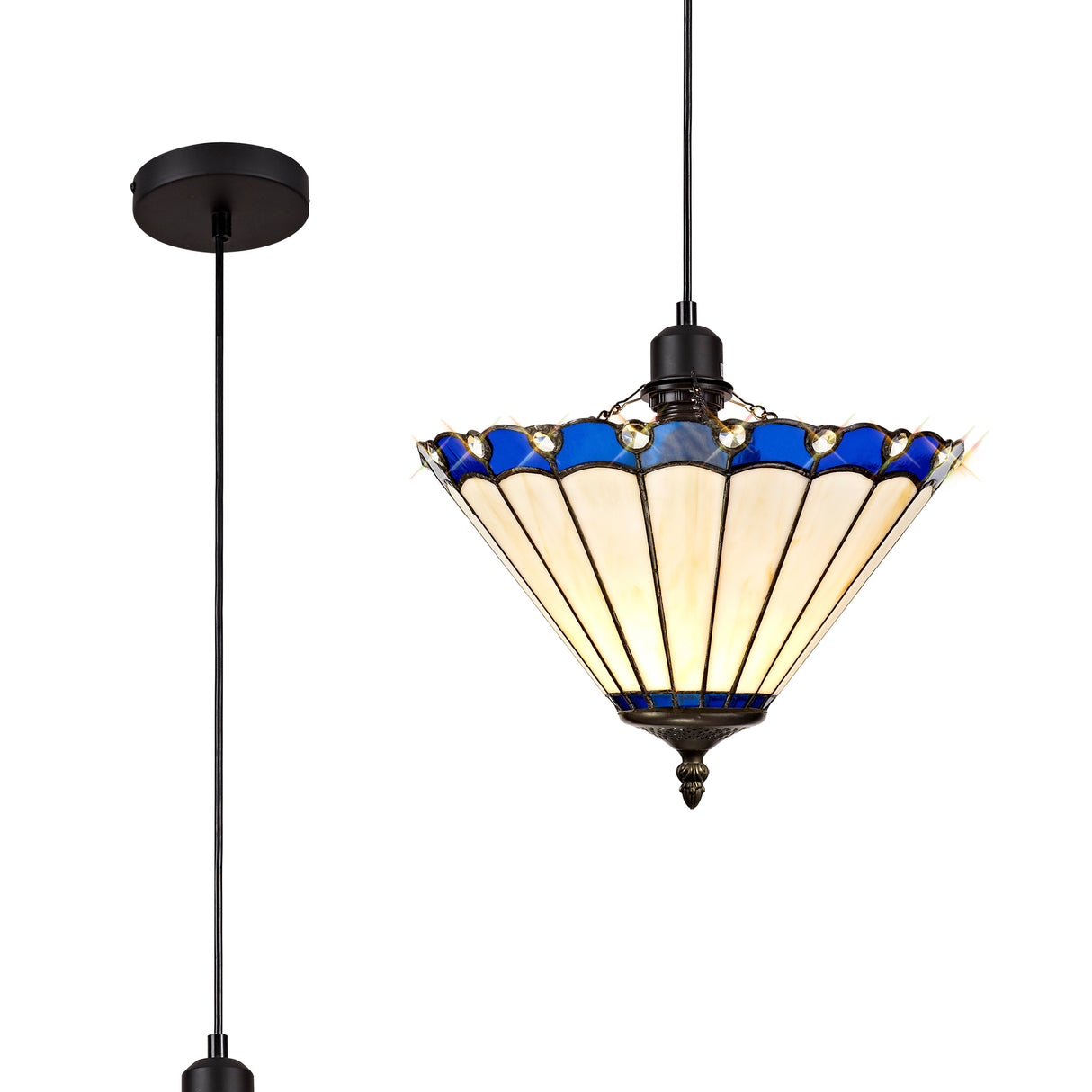 Williams 1 Light Uplighter Pendant E27 With 30cm Tiffany Shade, Blue/Cream/Crystal/Black