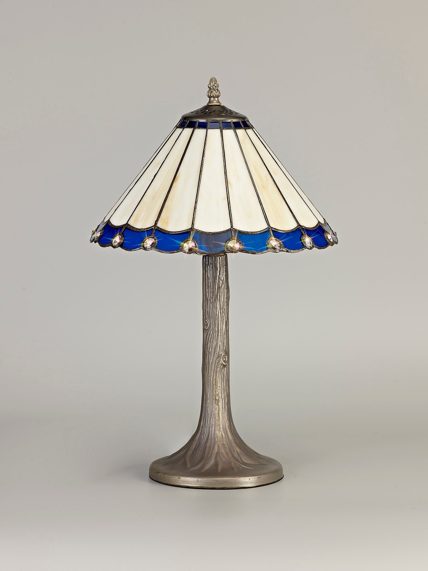 Williams 1 Light Tree Like Table Lamp E27 With 30cm Tiffany Shade, Blue/Cream/Crystal/Aged Antique Brass