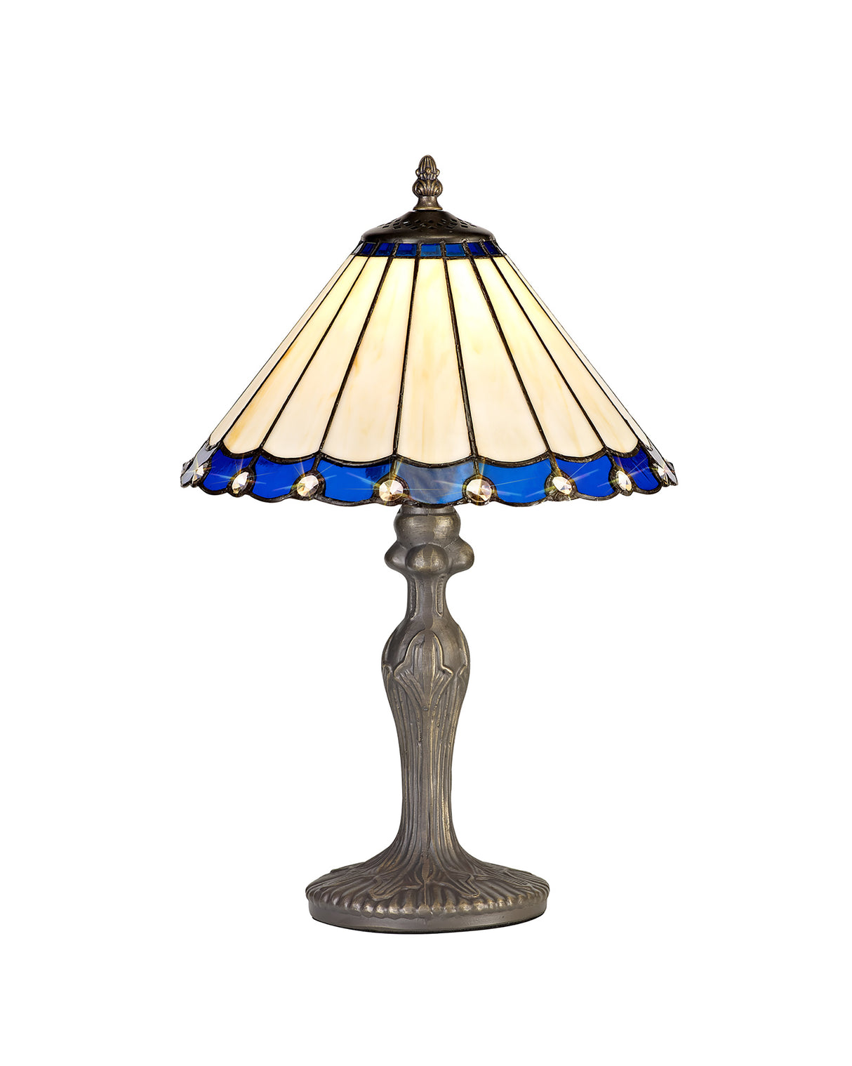 Williams 1 Light Curved Table Lamp E27 With 30cm Tiffany Shade, Blue/Cream/Crystal/Aged Antique Brass