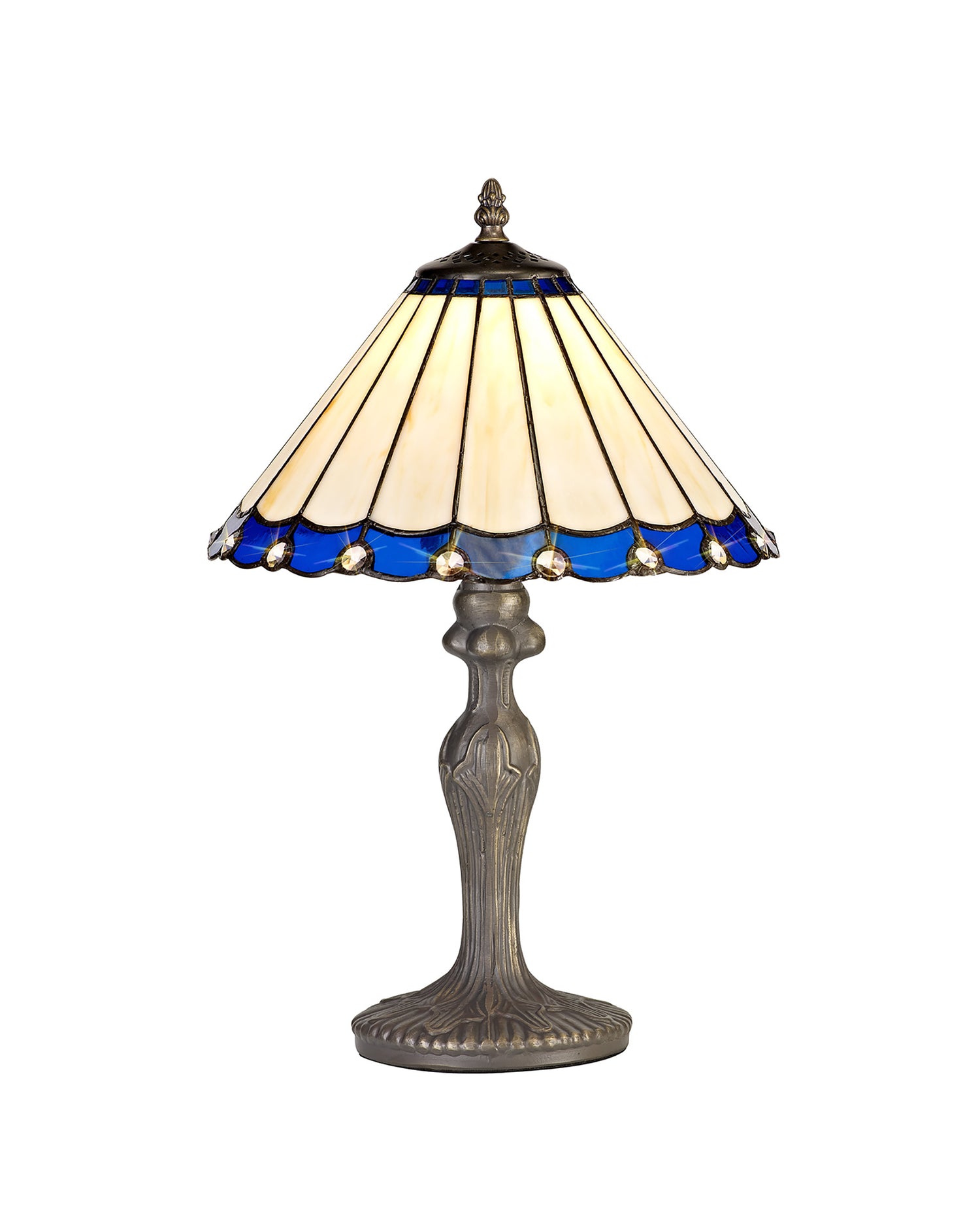 Williams 1 Light Curved Table Lamp E27 With 30cm Tiffany Shade, Blue/Cream/Crystal/Aged Antique Brass