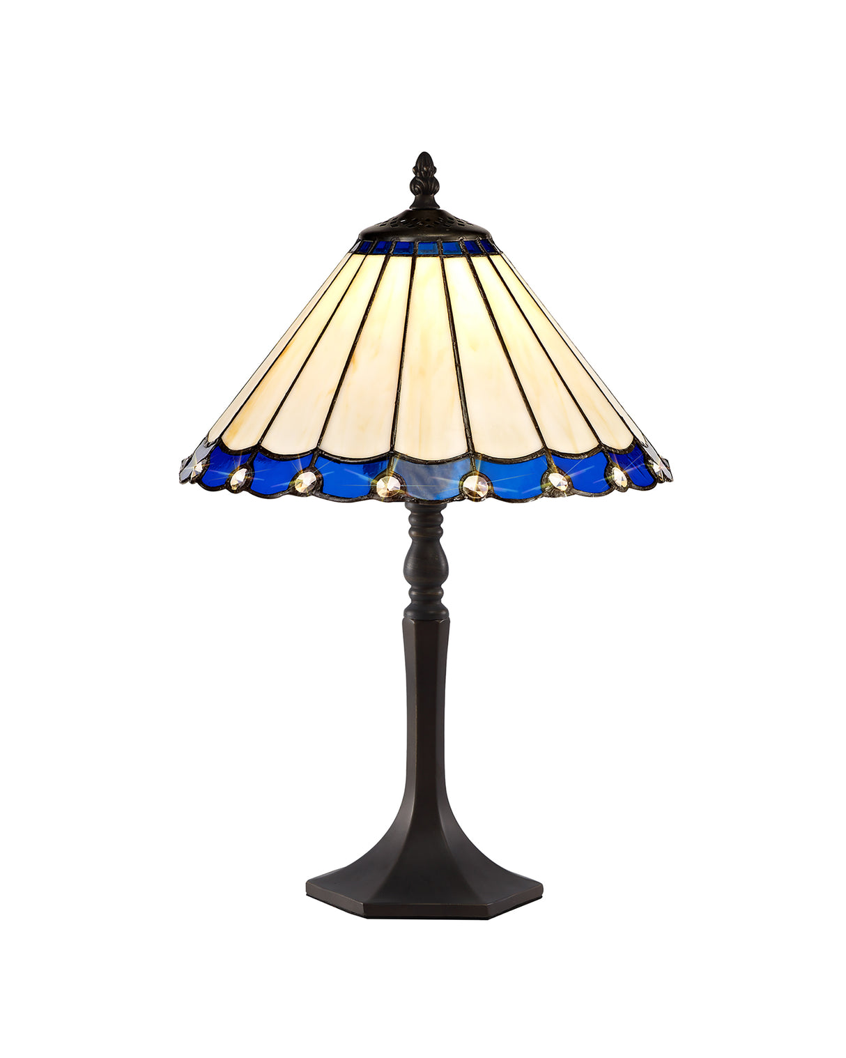 Williams 1 Light Octagonal Table Lamp E27 With 30cm Tiffany Shade, Blue/Cream/Crystal/Aged Antique Brass