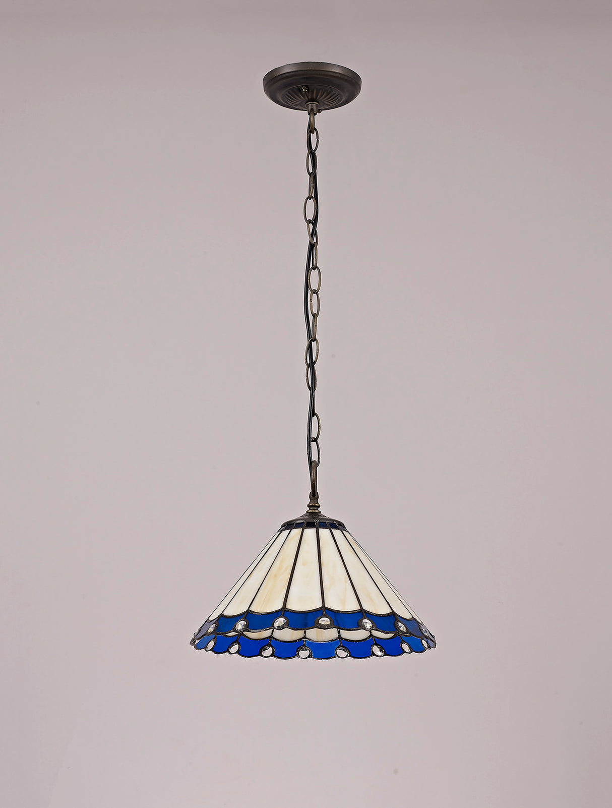 Williams 1 Light Downlighter Pendant E27 With 30cm Tiffany Shade, Blue/Cream/Crystal/Aged Antique Brass
